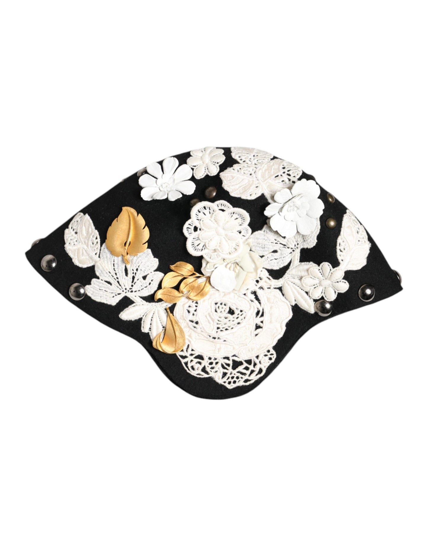 Dolce & Gabbana Black Wool White Floral Gold Leaf Cloche Hat Curated Luxury Accessories by Orvyn