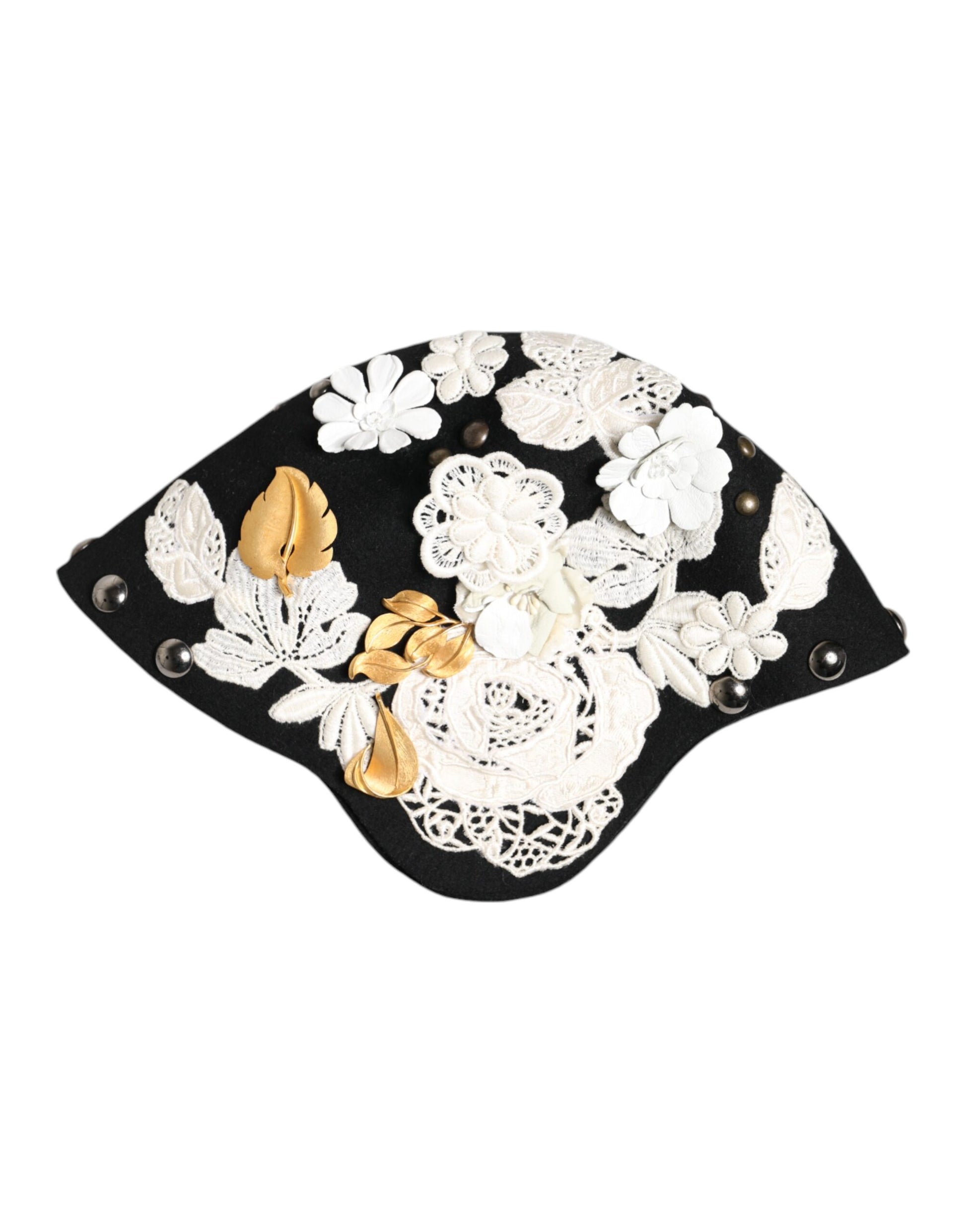 Dolce & Gabbana Black Wool White Floral Gold Leaf Cloche Hat Curated Luxury Accessories by Orvyn