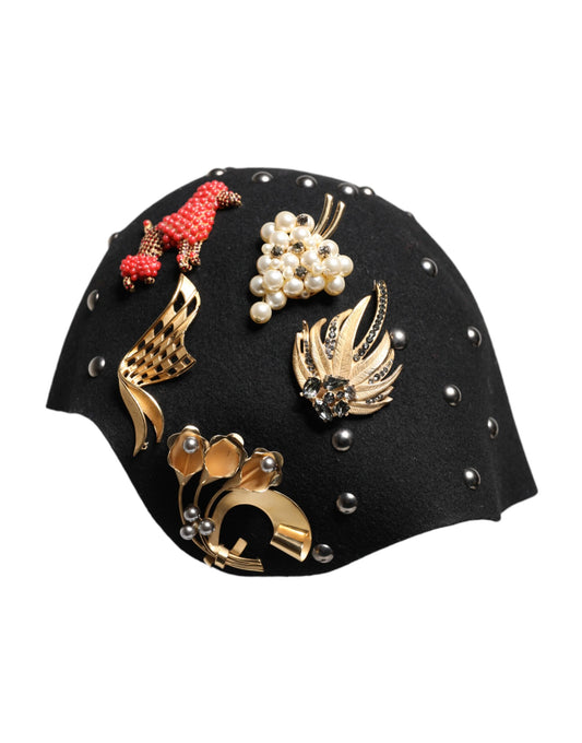 Dolce & Gabbana Black Wool Multicolor Embellished Cloche Hat Curated Luxury Accessories by Orvyn