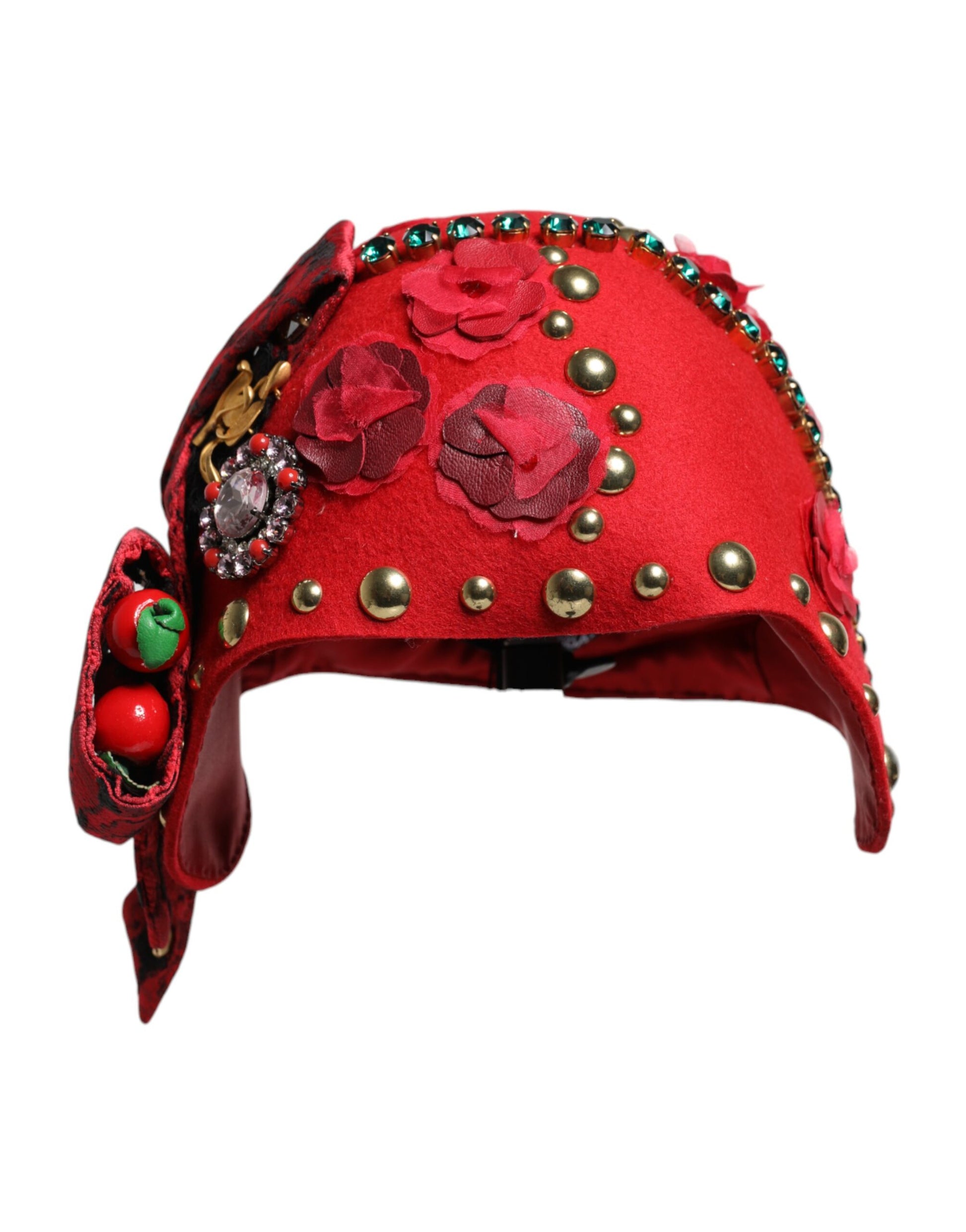 Dolce & Gabbana Red Crystal Gold Roses Brooch Embellished Hat Curated Luxury Accessories by Orvyn