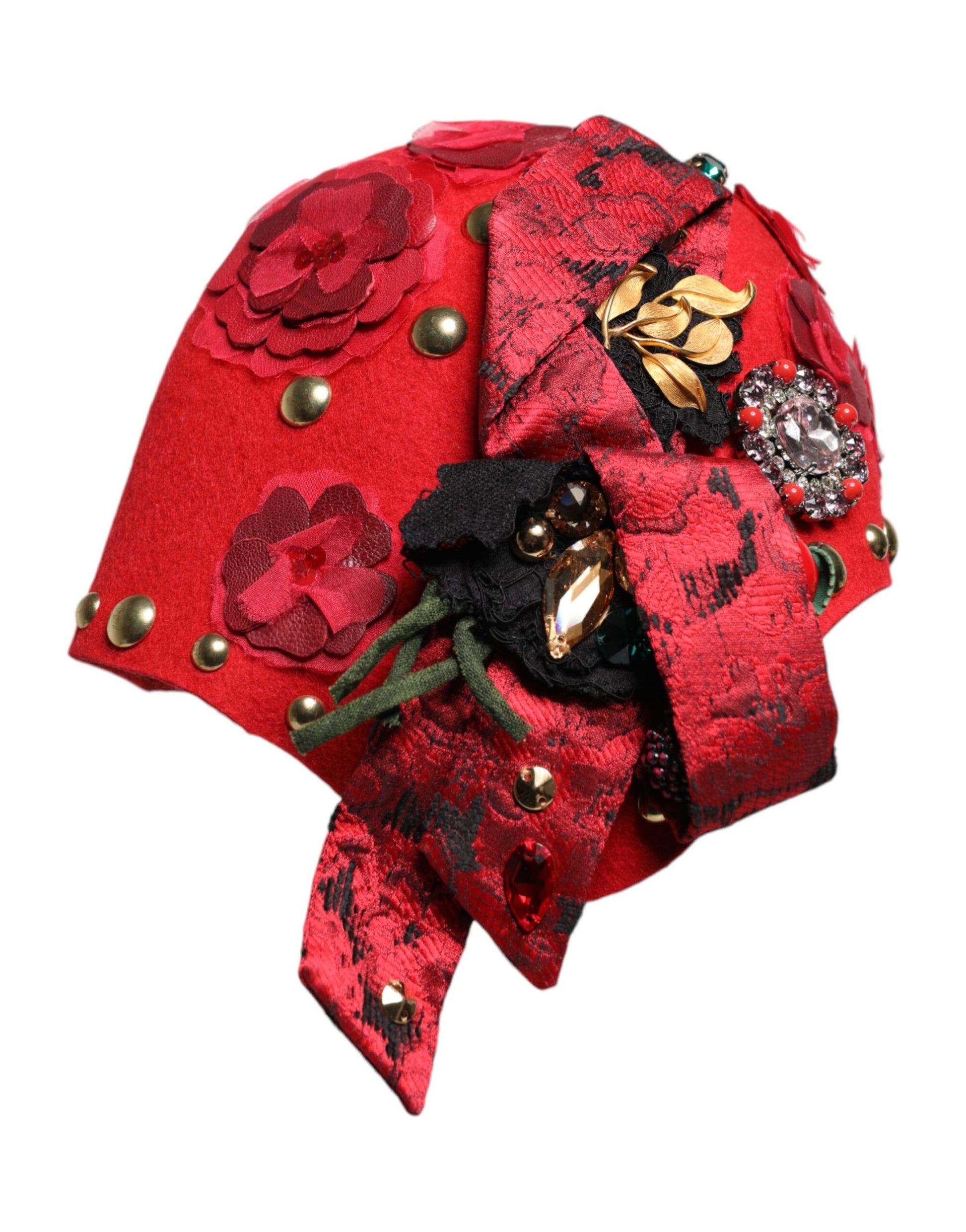 Dolce & Gabbana Red Crystal Gold Roses Brooch Embellished Hat Curated Luxury Accessories by Orvyn