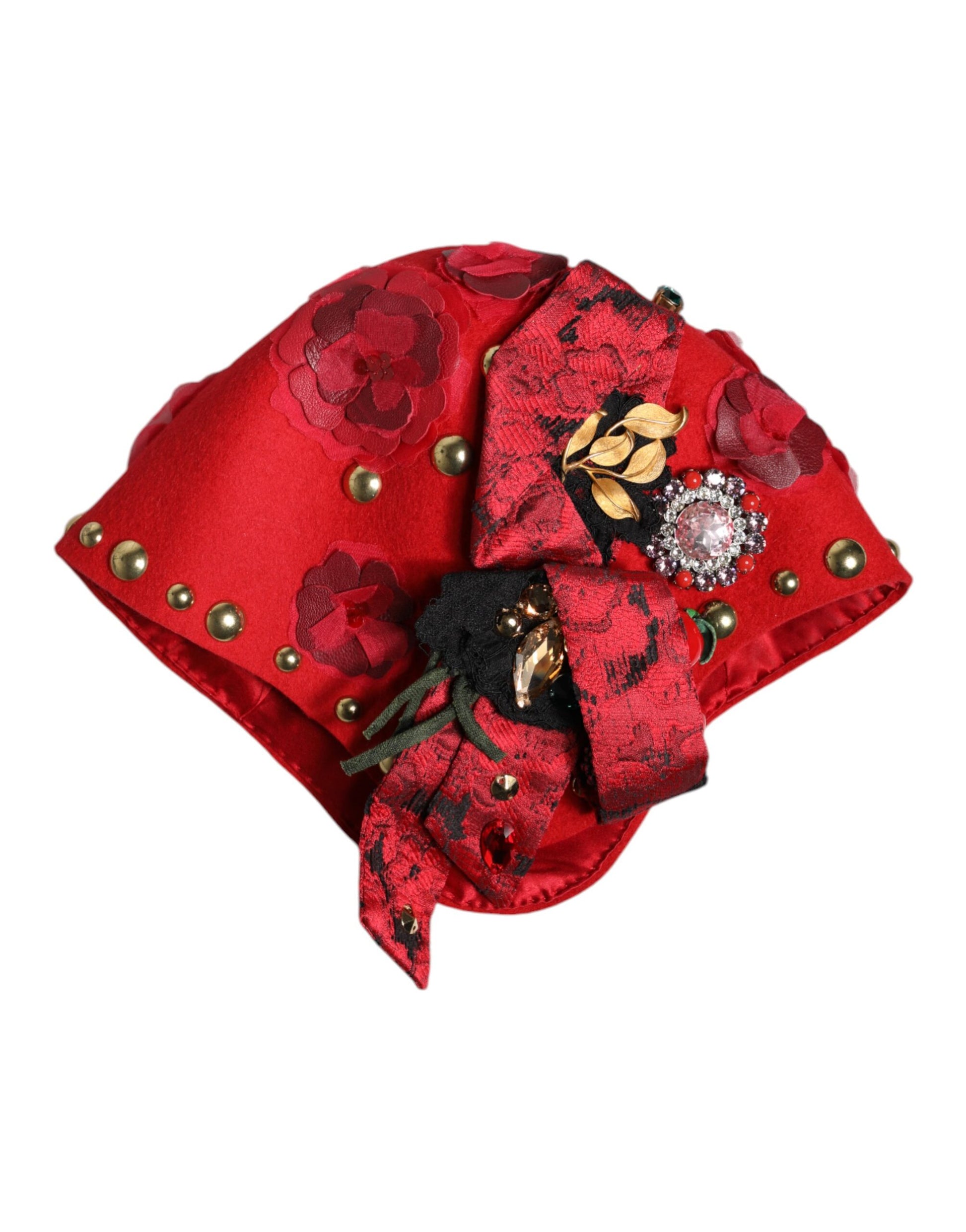 Dolce & Gabbana Red Crystal Gold Roses Brooch Embellished Hat Curated Luxury Accessories by Orvyn