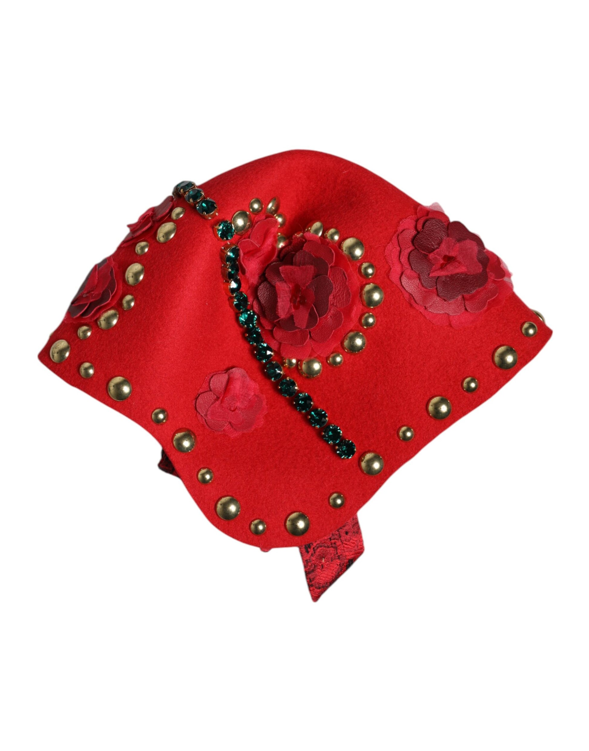 Dolce & Gabbana Red Crystal Gold Roses Brooch Embellished Hat Curated Luxury Accessories by Orvyn