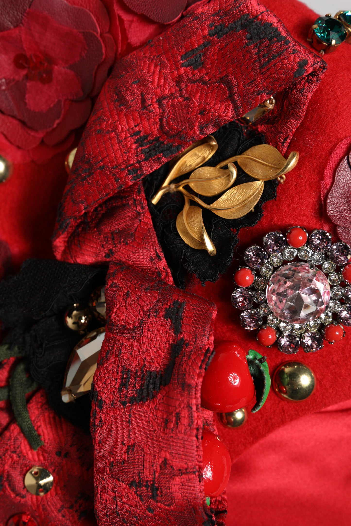 Dolce & Gabbana Red Crystal Gold Roses Brooch Embellished Hat Curated Luxury Accessories by Orvyn