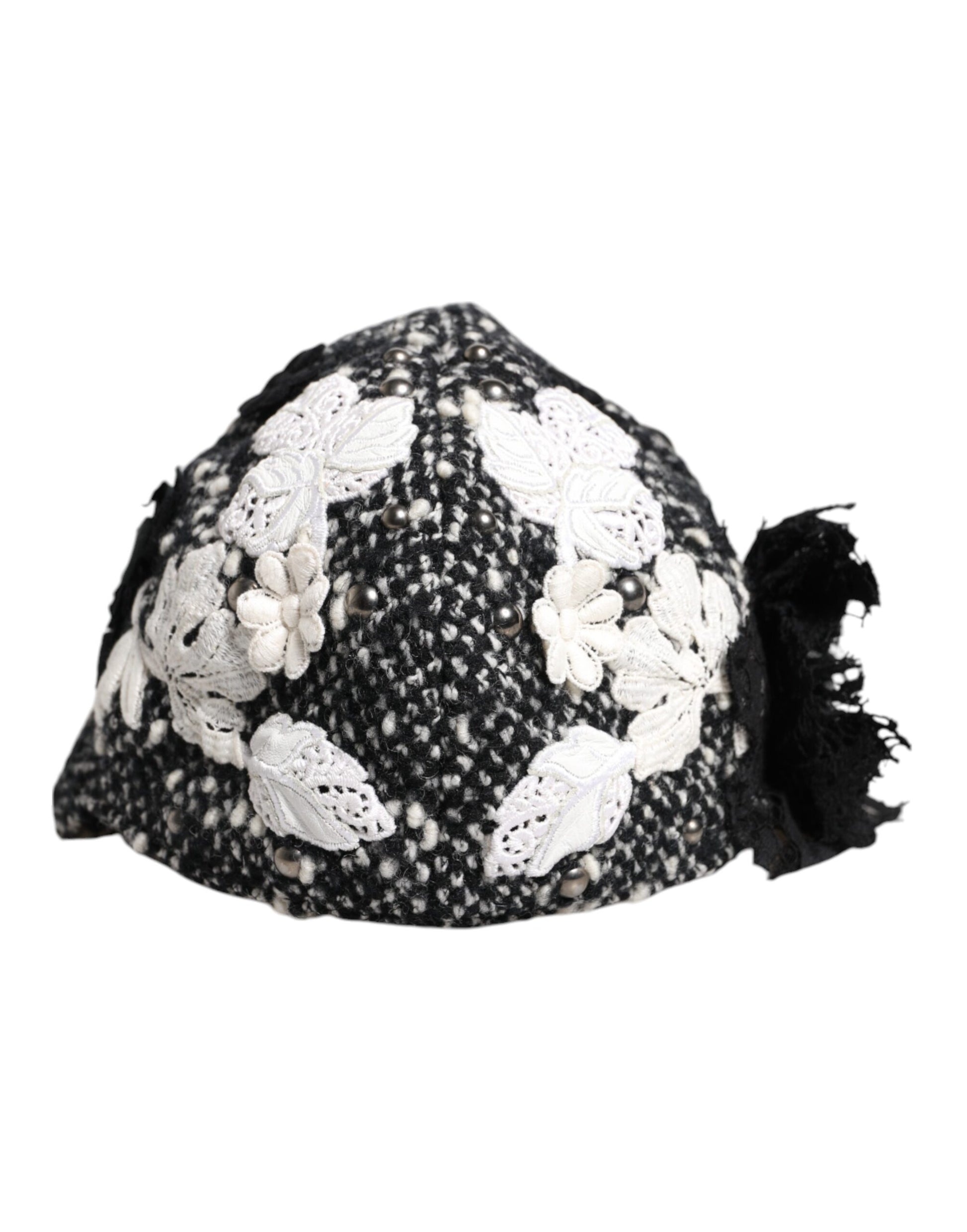 Dolce & Gabbana Black Wool White Floral Embellished Cloche Hat Curated Luxury Accessories by Orvyn