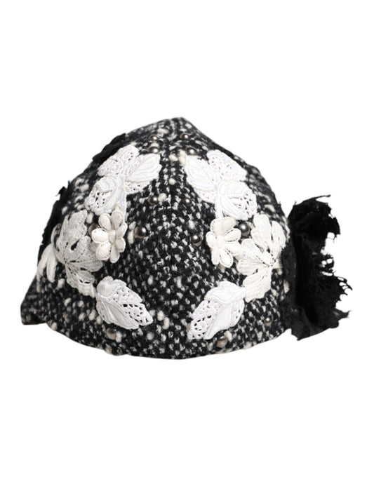 Dolce & Gabbana Black Wool White Floral Embellished Cloche Hat Curated Luxury Accessories by Orvyn