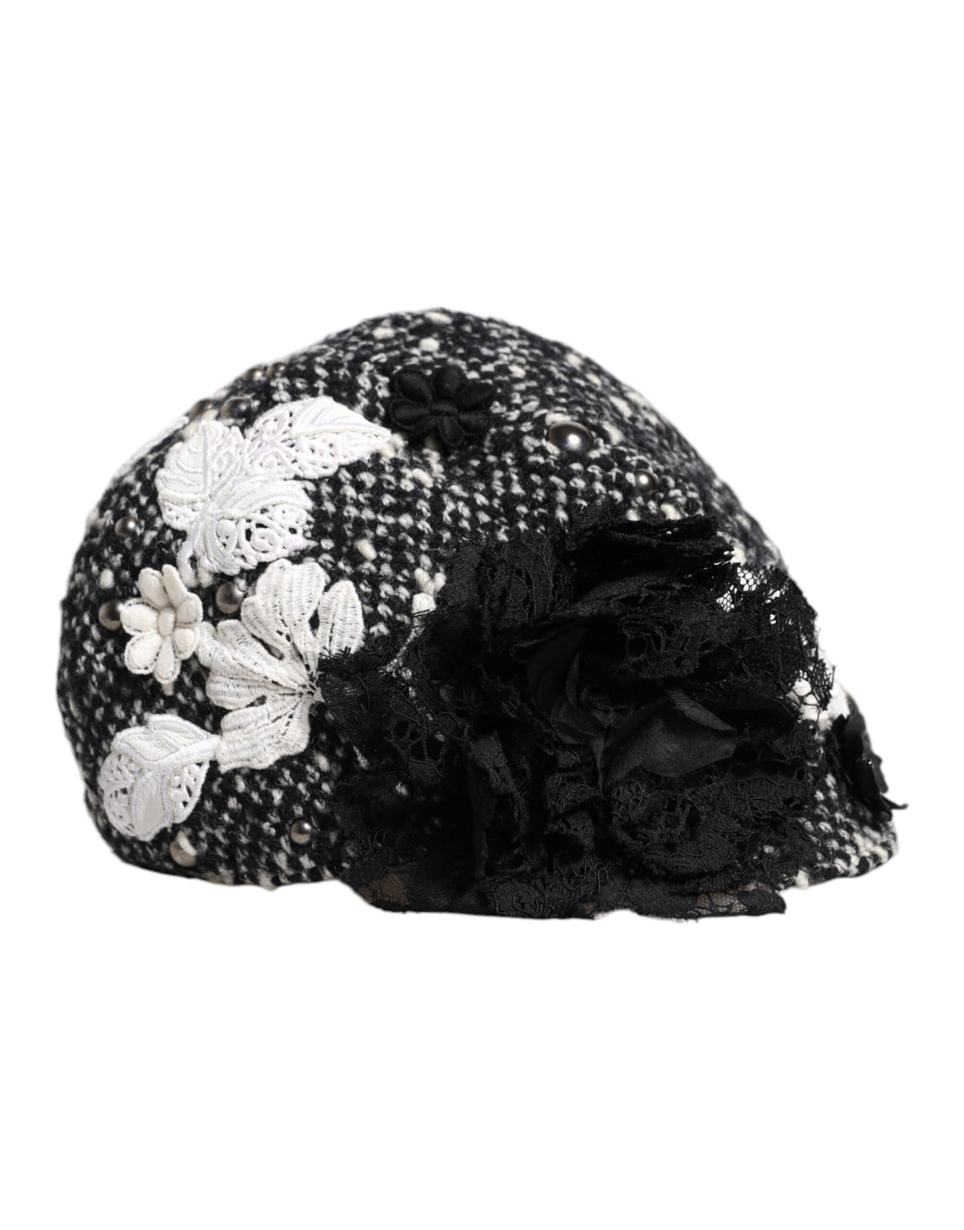 Dolce & Gabbana Black Wool White Floral Embellished Cloche Hat Curated Luxury Accessories by Orvyn