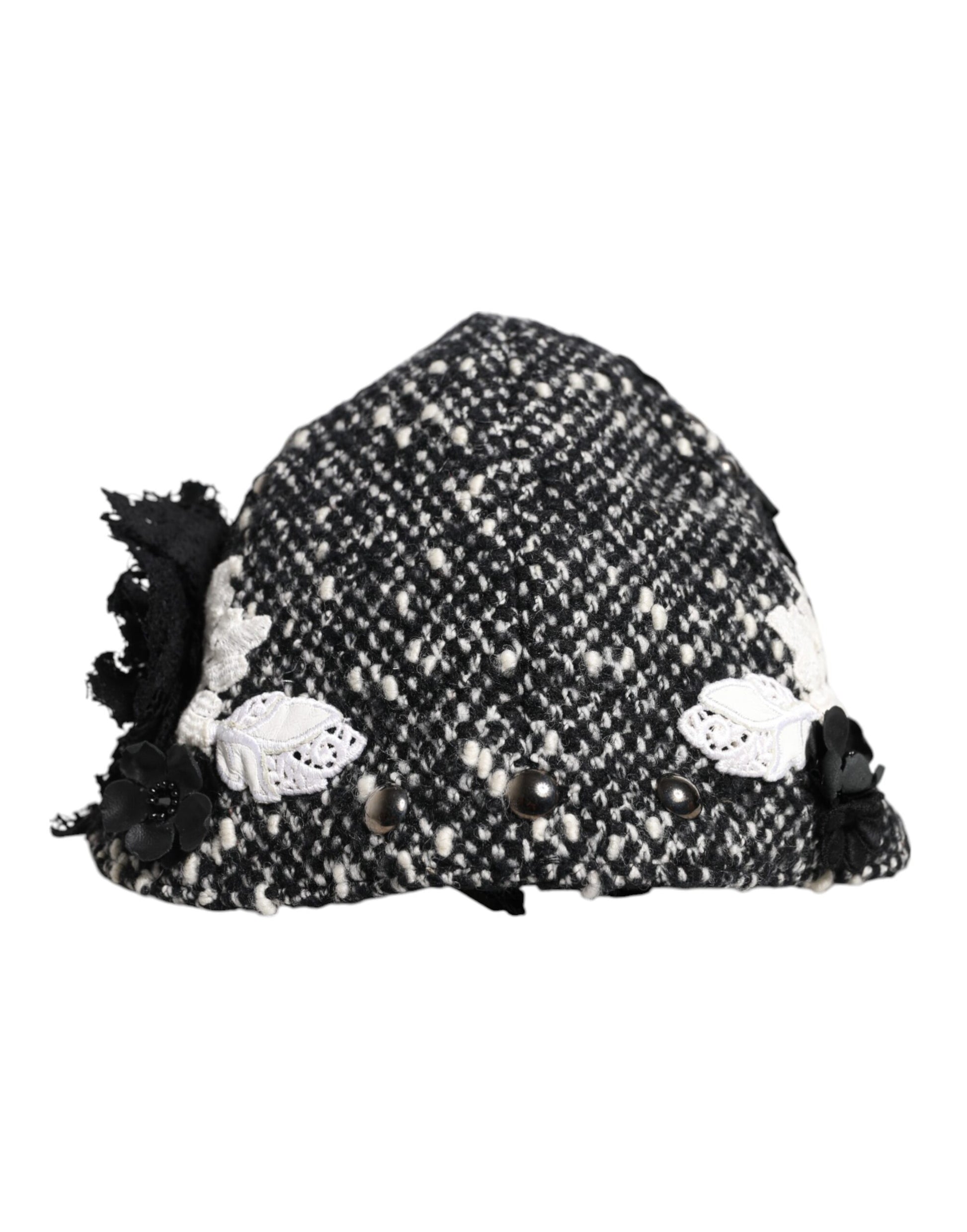 Dolce & Gabbana Black Wool White Floral Embellished Cloche Hat Curated Luxury Accessories by Orvyn