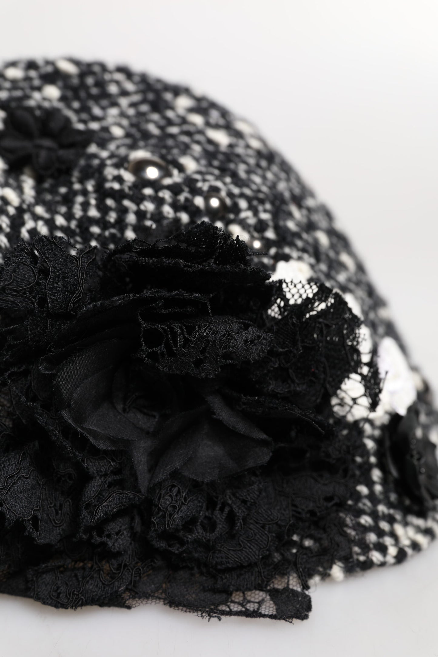 Dolce & Gabbana Black Wool White Floral Embellished Cloche Hat Curated Luxury Accessories by Orvyn