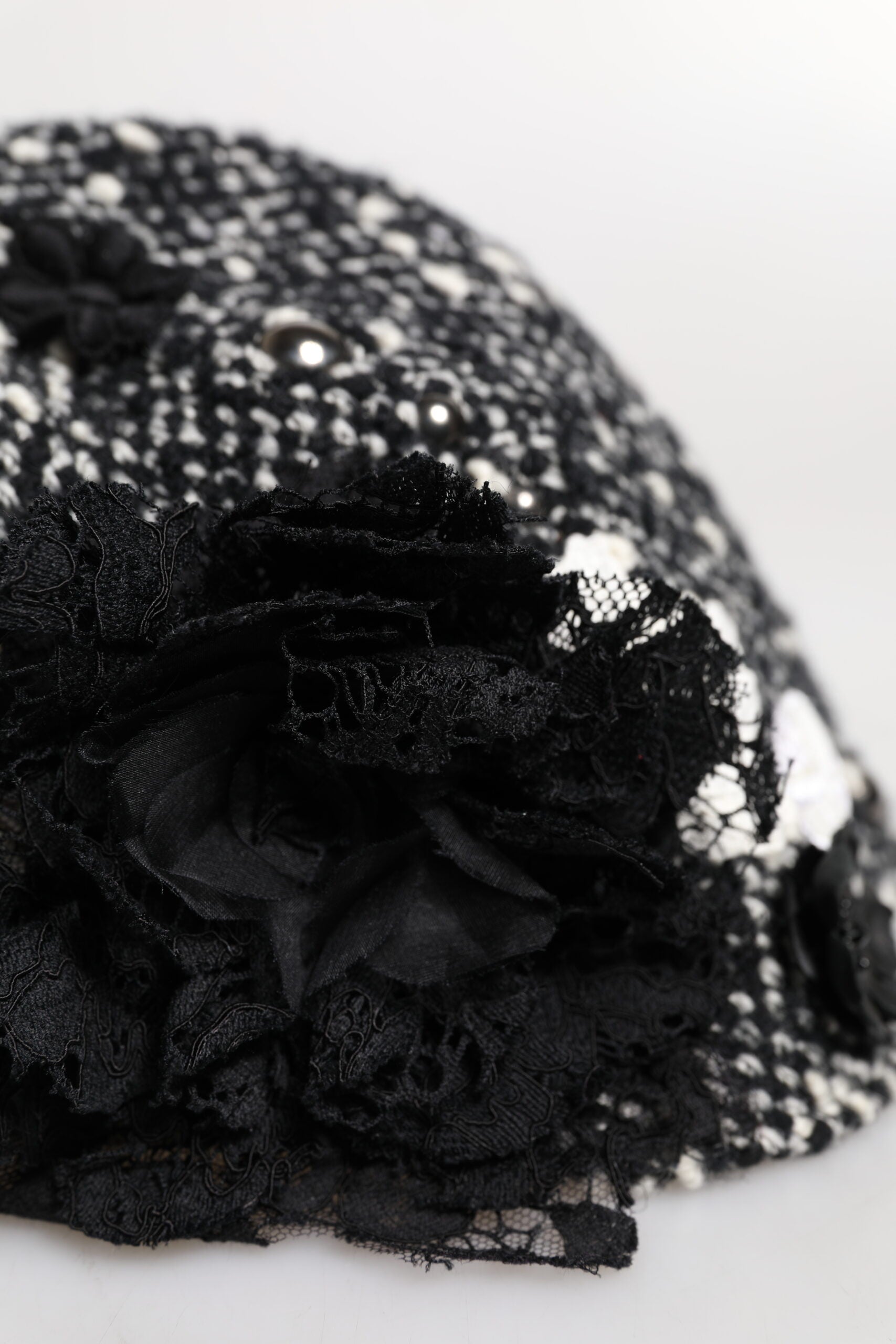 Dolce & Gabbana Black Wool White Floral Embellished Cloche Hat Curated Luxury Accessories by Orvyn