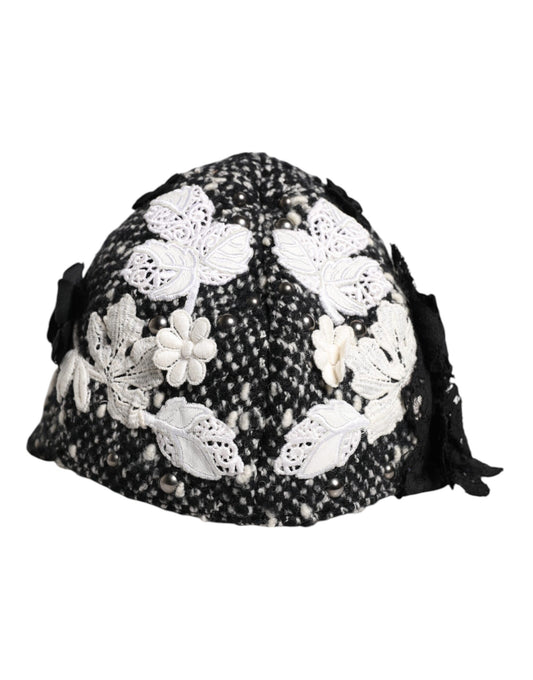 Dolce & Gabbana Black Wool White Floral Embellished Cloche Hat Curated Luxury Accessories by Orvyn