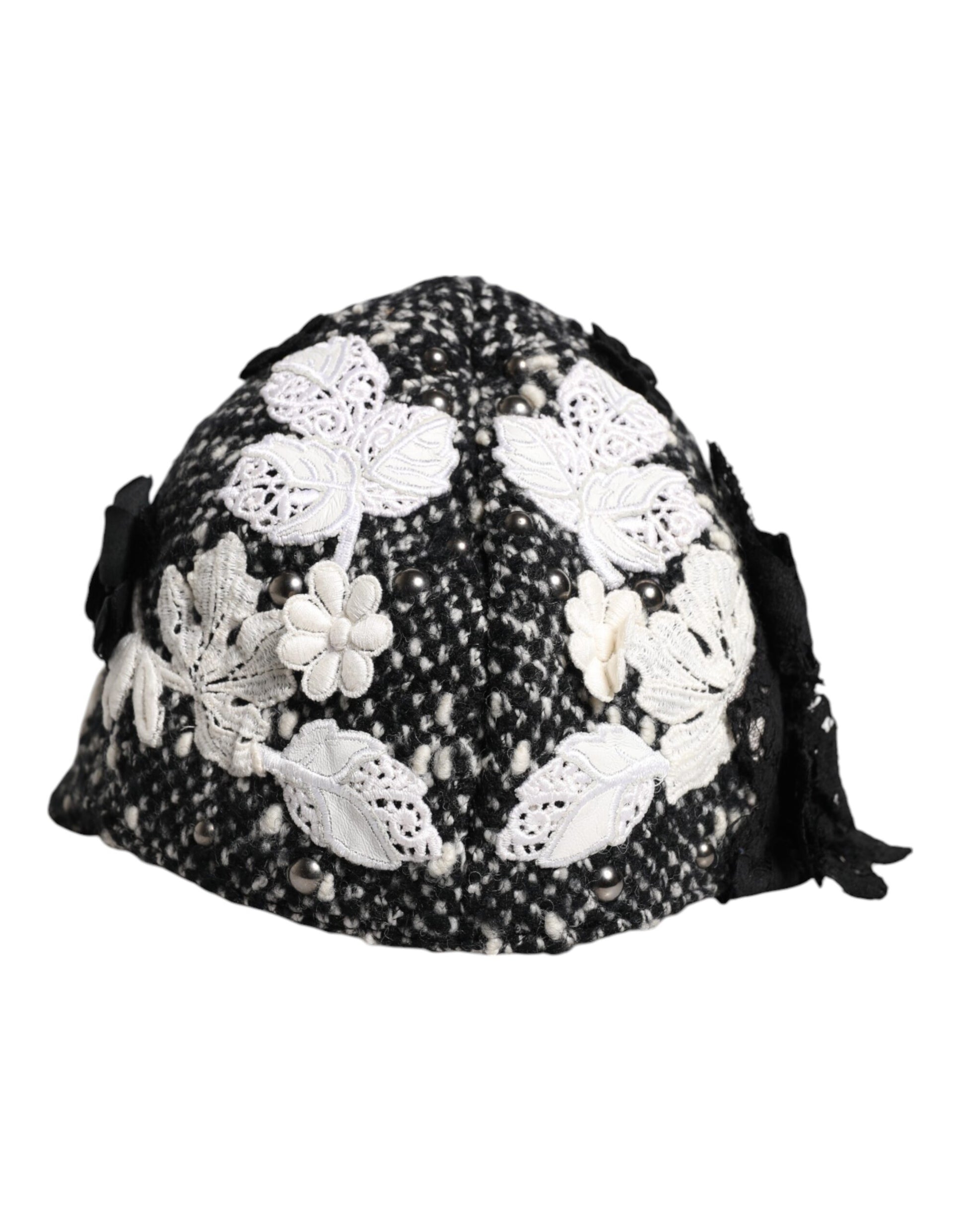 Dolce & Gabbana Black Wool White Floral Embellished Cloche Hat Curated Luxury Accessories by Orvyn