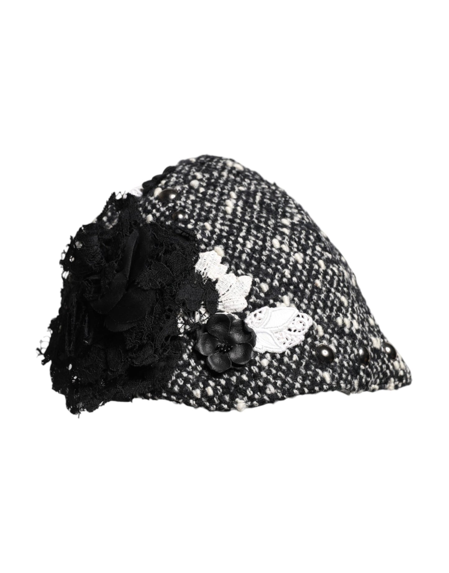 Dolce & Gabbana Black Wool White Floral Embellished Cloche Hat Curated Luxury Accessories by Orvyn