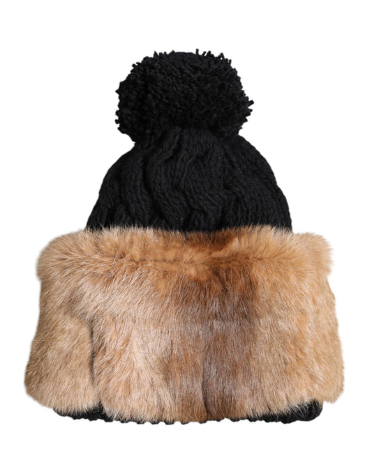 Dolce & Gabbana Black Brown Dyed Rabbit Real Fur Winter Beanie Hat Curated Luxury Accessories by Orvyn