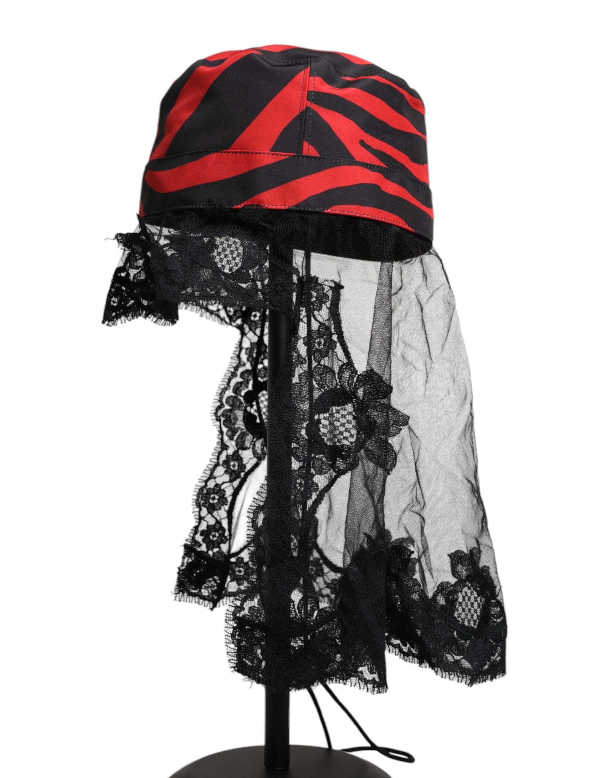 Dolce & Gabbana Black Red Stripes Lace Tulle Bucket Hat Curated Luxury Accessories by Orvyn