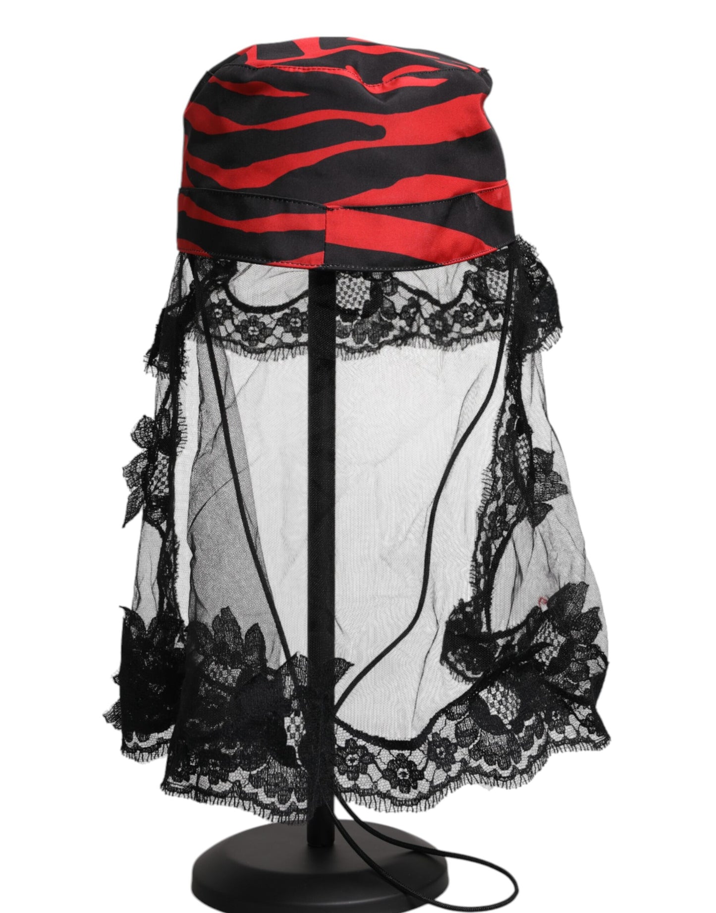 Dolce & Gabbana Black Red Stripes Lace Tulle Bucket Hat Curated Luxury Accessories by Orvyn