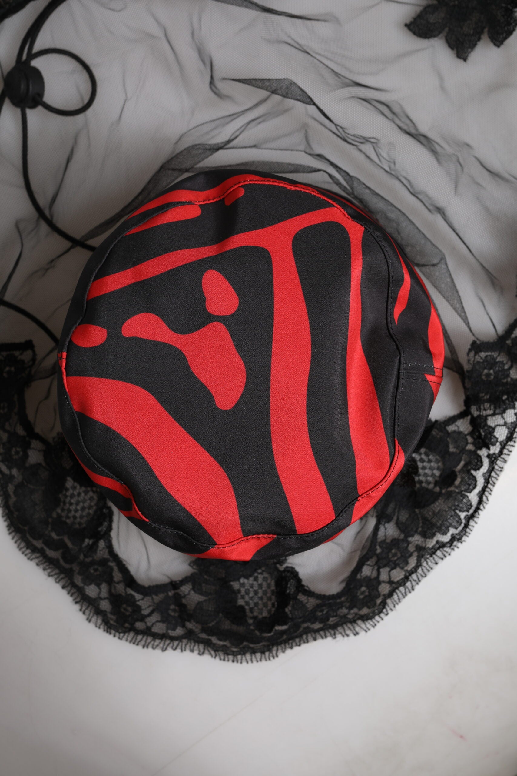 Dolce & Gabbana Black Red Stripes Lace Tulle Bucket Hat Curated Luxury Accessories by Orvyn