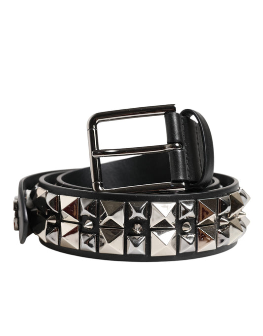 Dolce & Gabbana Black Calf Leather Studded Silver Buckle Belt schwarz