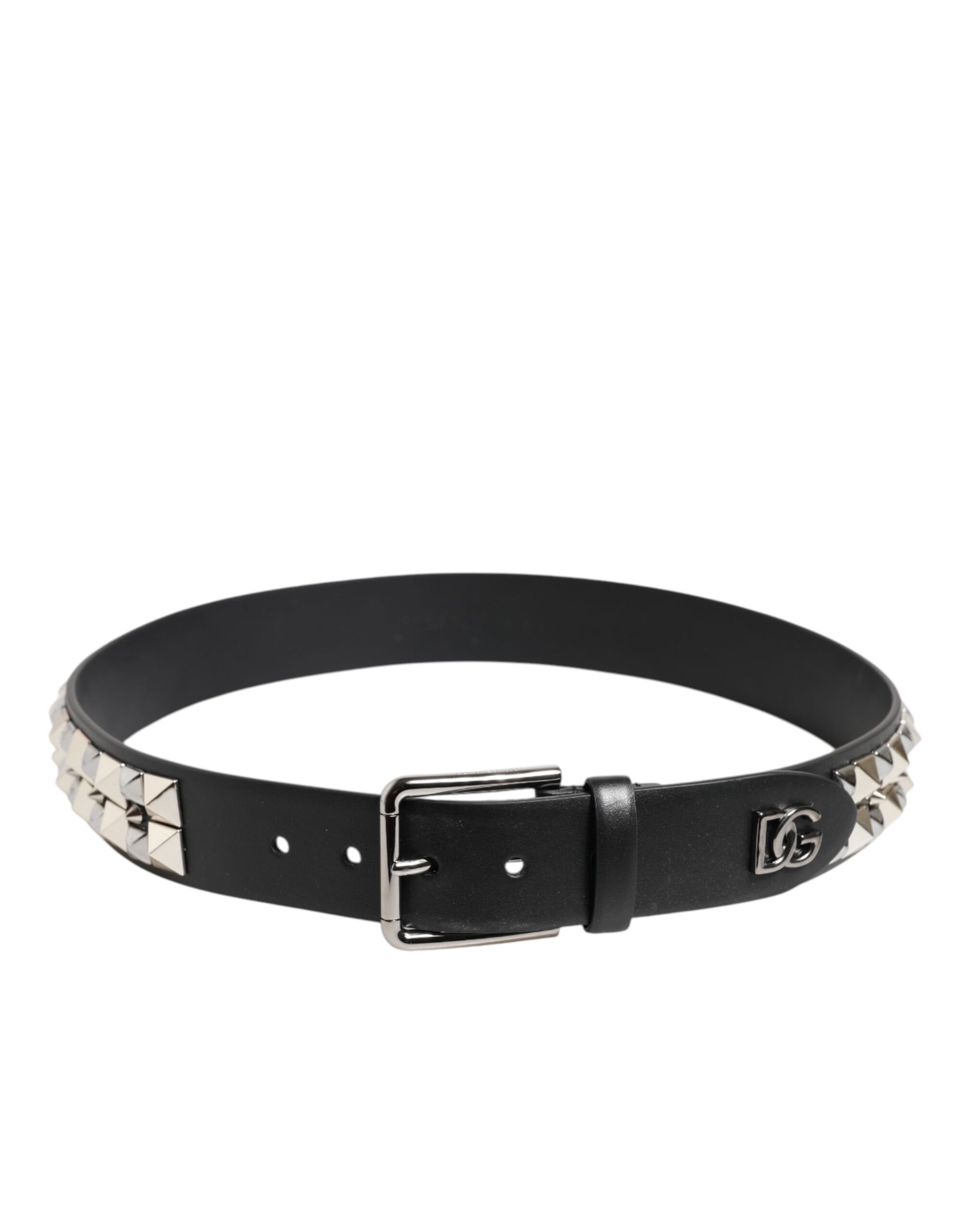 Dolce & Gabbana Black Calf Leather Studded Silver Buckle Belt schwarz