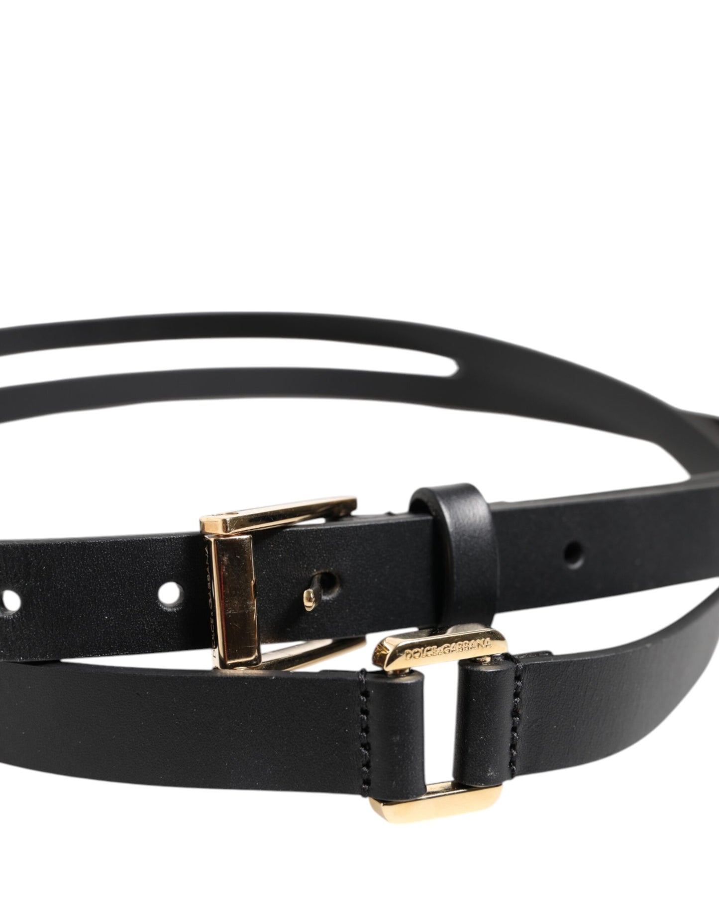 Dolce & Gabbana Black Double Strap Leather Gold Buckle Belt schwarz