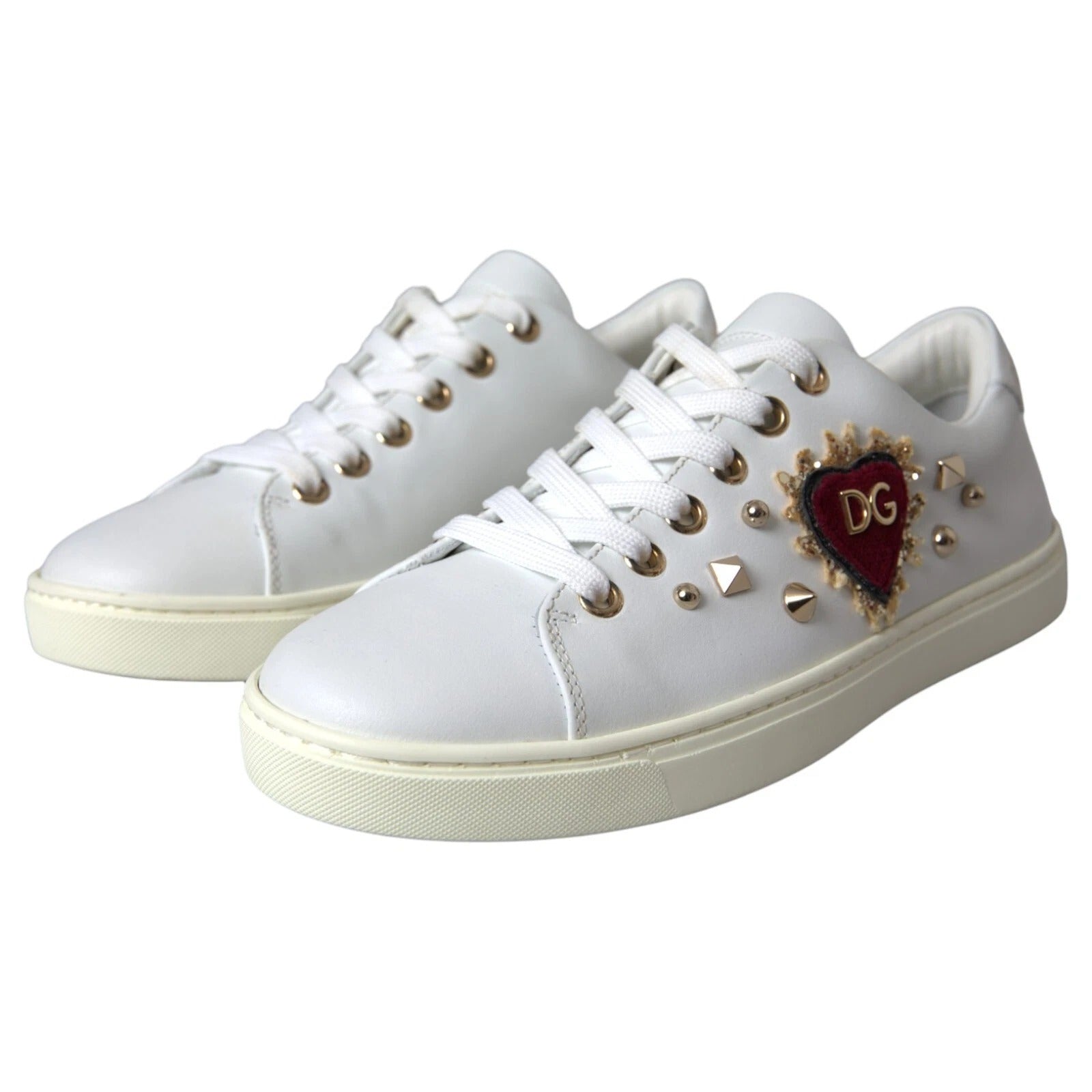 Dolce & Gabbana White Leather Gold Red Heart Sneakers Shoes Curated Luxury Accessories by Orvyn