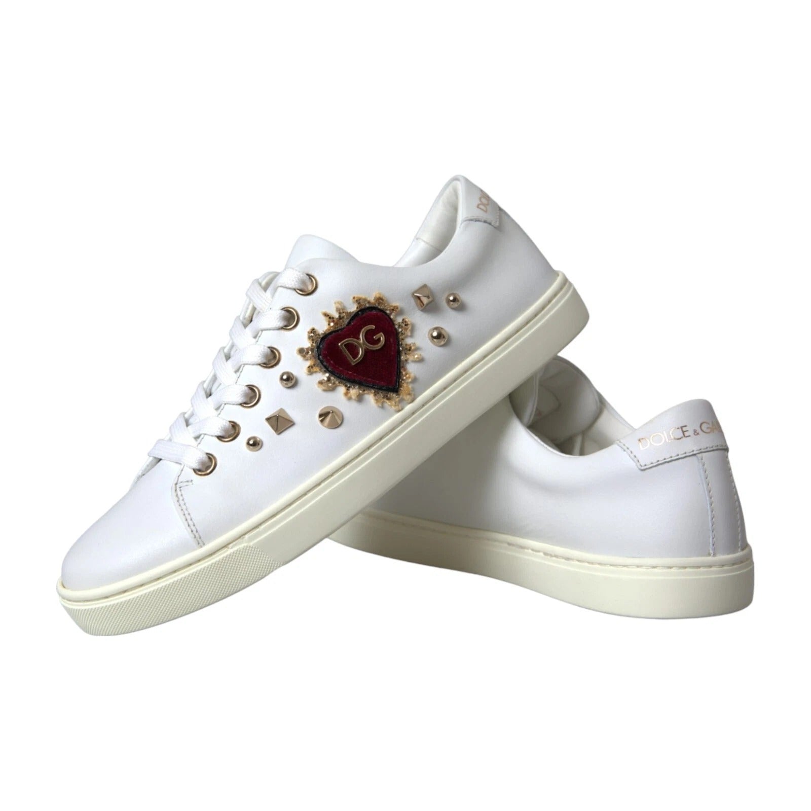 Dolce & Gabbana White Leather Gold Red Heart Sneakers Shoes Curated Luxury Accessories by Orvyn