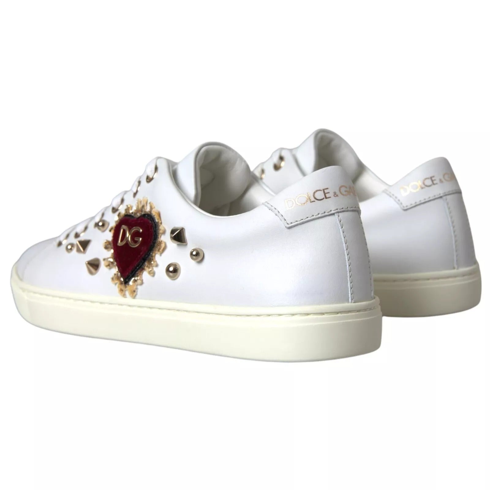 Dolce & Gabbana White Leather Gold Red Heart Sneakers Shoes Curated Luxury Accessories by Orvyn