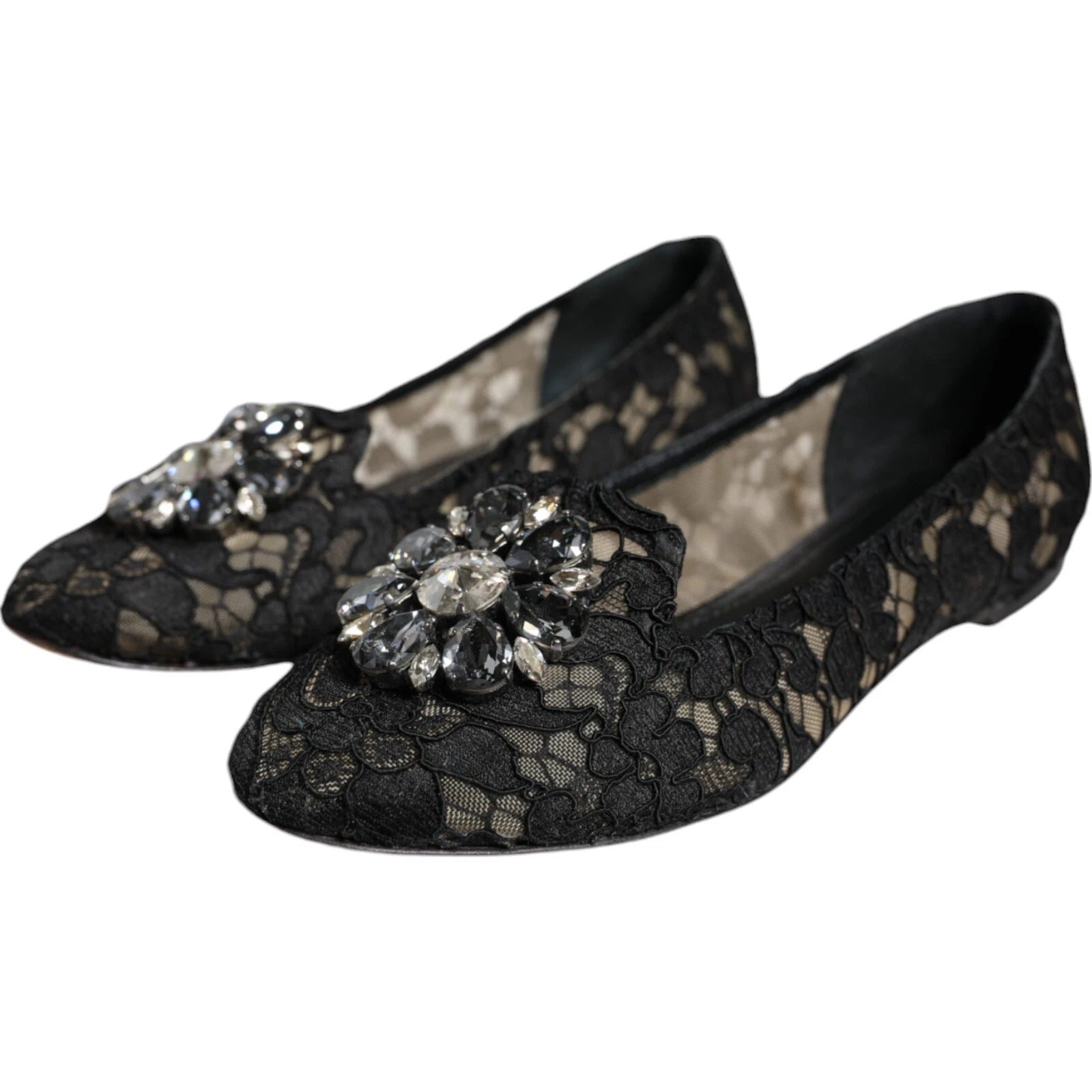 Dolce & Gabbana Black Lace Crystal Ballet Flats Loafer Shoes Curated Luxury Accessories by Orvyn