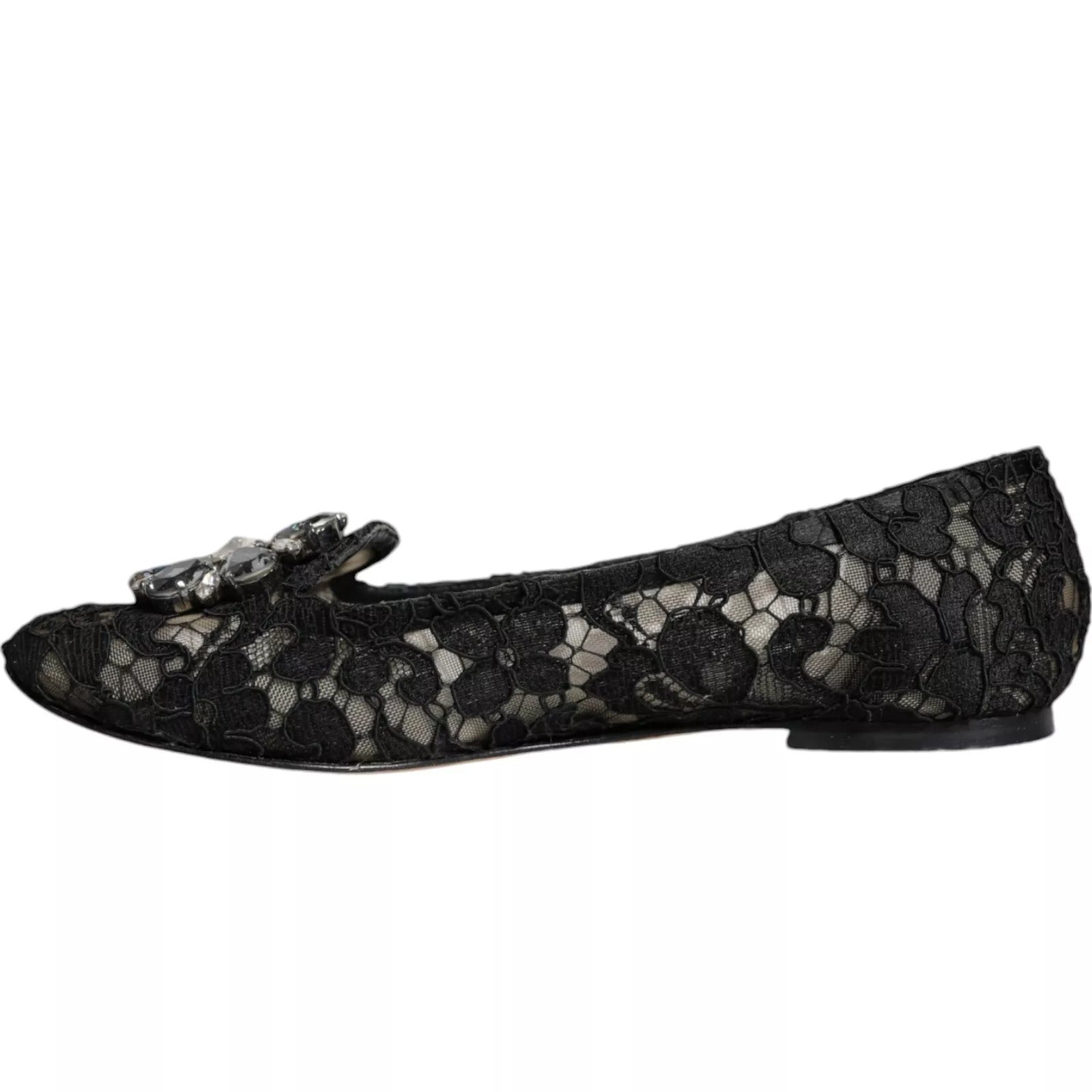 Dolce & Gabbana Black Lace Crystal Ballet Flats Loafer Shoes Curated Luxury Accessories by Orvyn