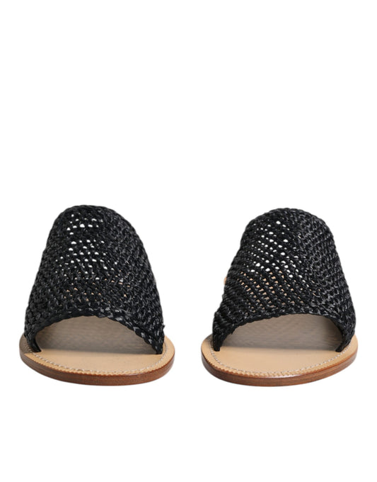Dolce & Gabbana Black Monochrome Braided Raffia Slides Shoes Curated Luxury Accessories by Orvyn