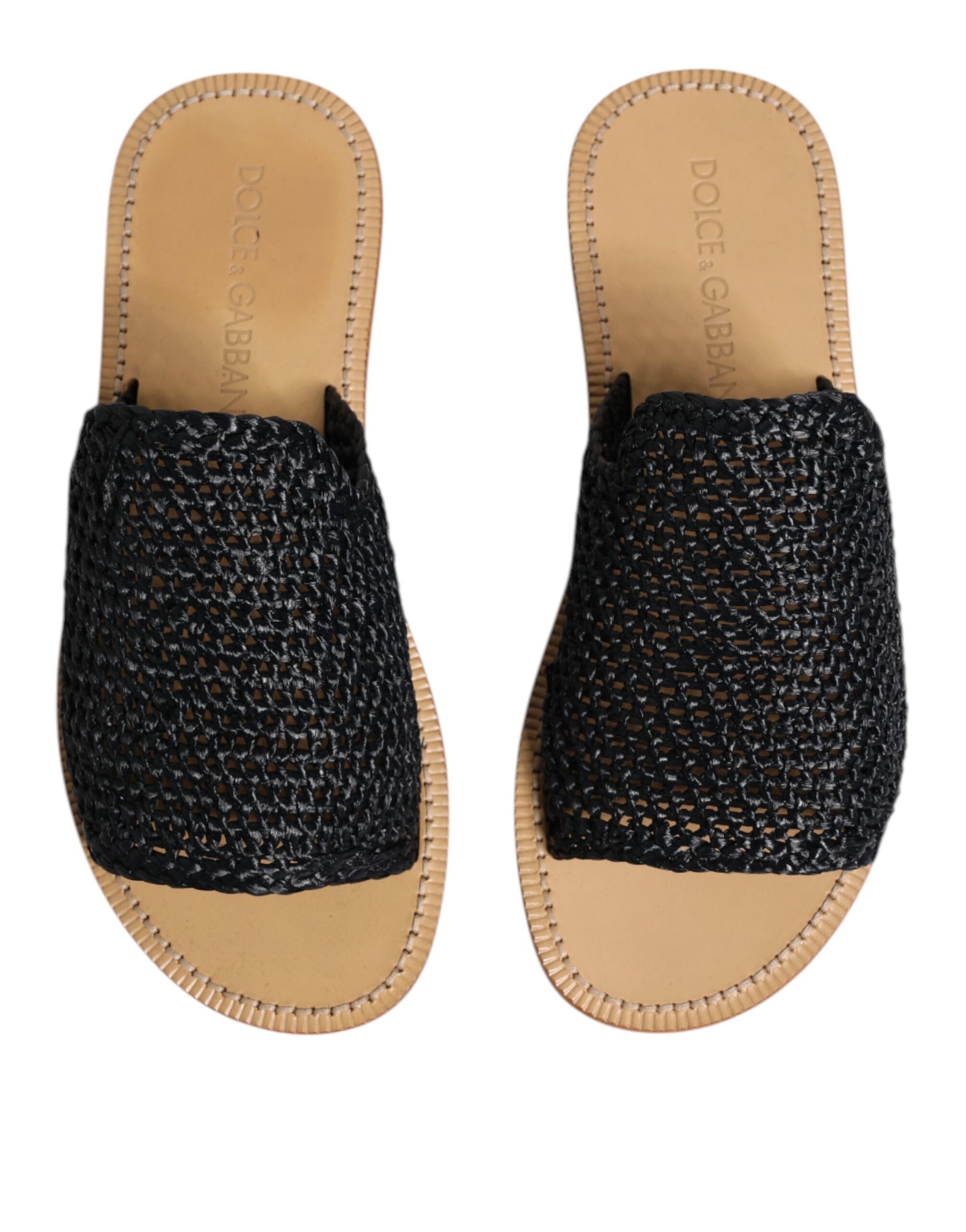 Dolce & Gabbana Black Monochrome Braided Raffia Slides Shoes Curated Luxury Accessories by Orvyn