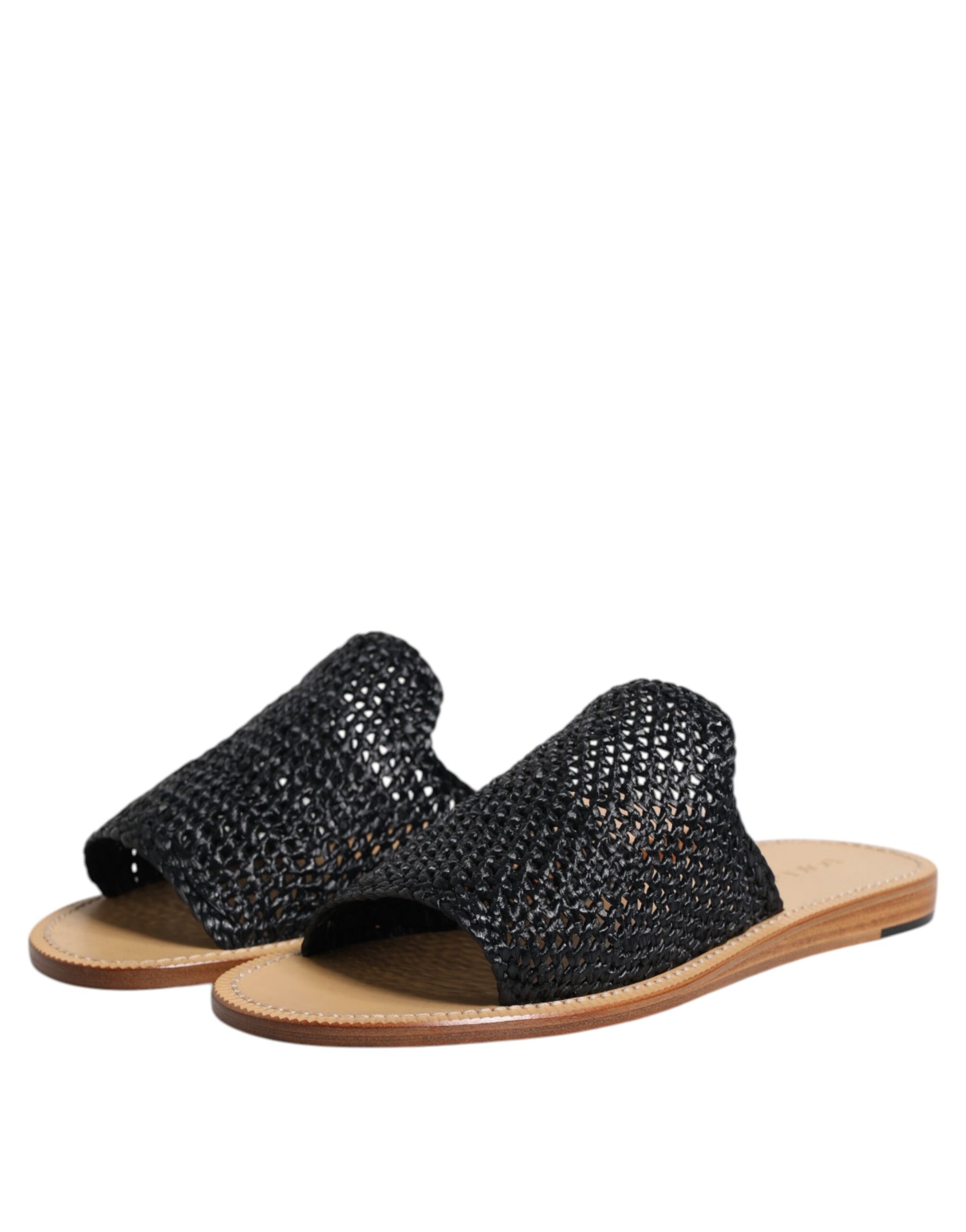 Dolce & Gabbana Black Monochrome Braided Raffia Slides Shoes Curated Luxury Accessories by Orvyn