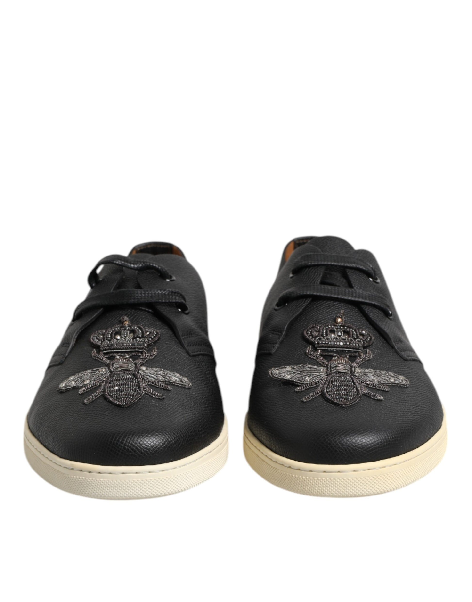 Dolce & Gabbana Black Leather Bee Crown Low Top Sneakers Shoes Curated Luxury Accessories by Orvyn