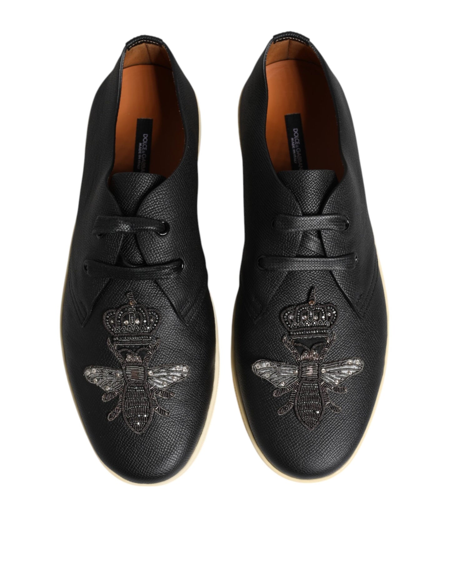 Dolce & Gabbana Black Leather Bee Crown Low Top Sneakers Shoes Curated Luxury Accessories by Orvyn