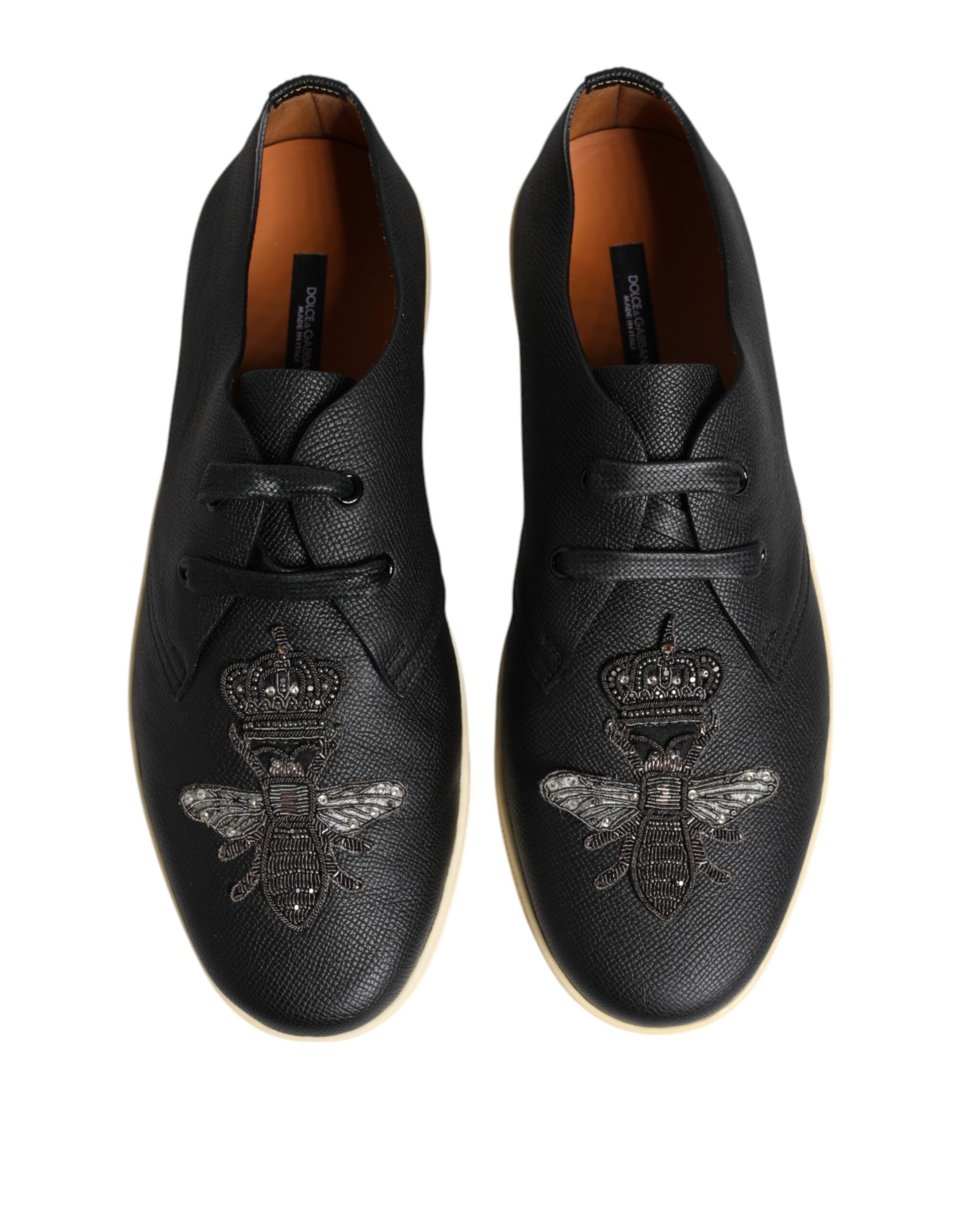 Dolce & Gabbana Black Leather Bee Crown Low Top Sneakers Shoes Curated Luxury Accessories by Orvyn