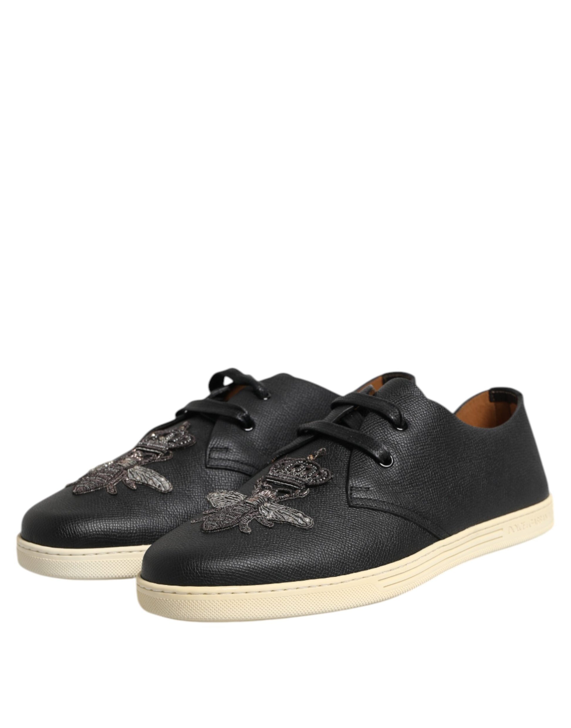 Dolce & Gabbana Black Leather Bee Crown Low Top Sneakers Shoes Curated Luxury Accessories by Orvyn