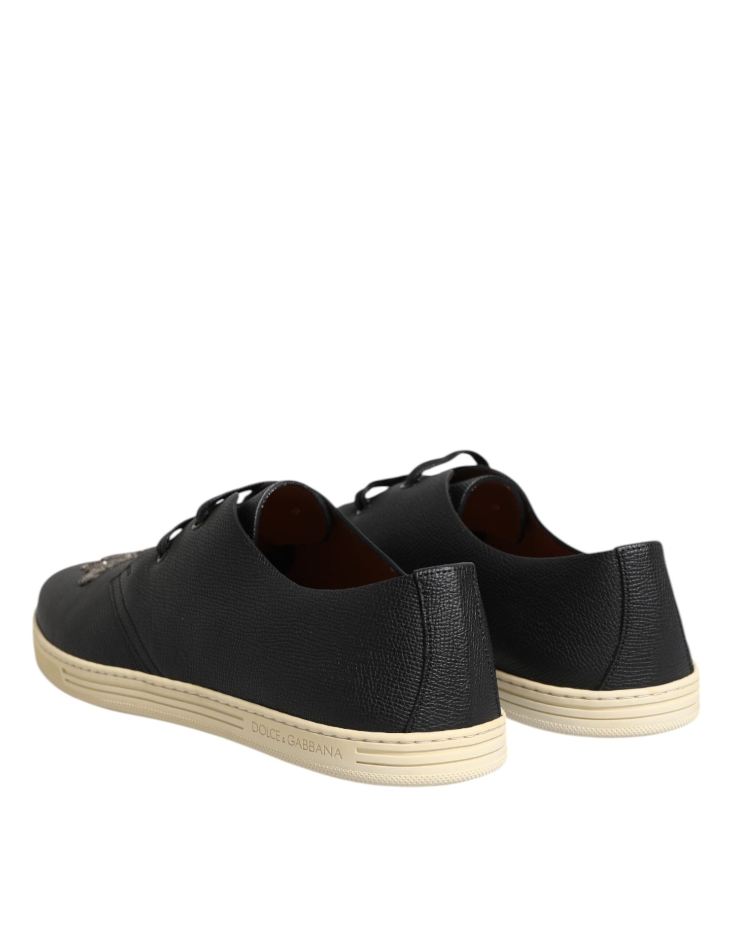 Dolce & Gabbana Black Leather Bee Crown Low Top Sneakers Shoes Curated Luxury Accessories by Orvyn