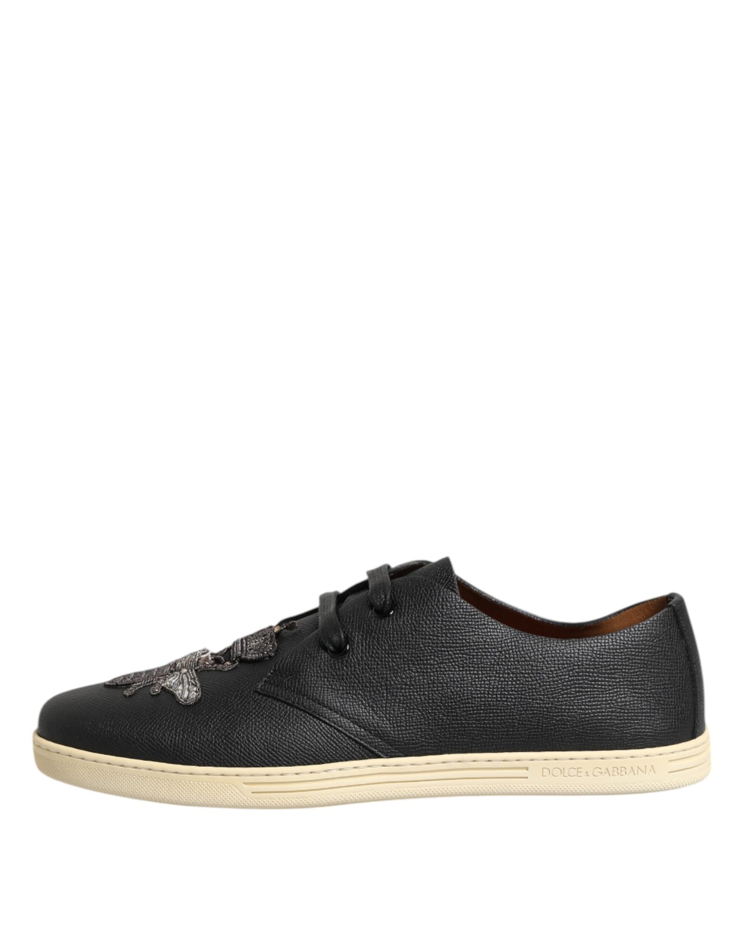 Dolce & Gabbana Black Leather Bee Crown Low Top Sneakers Shoes Curated Luxury Accessories by Orvyn