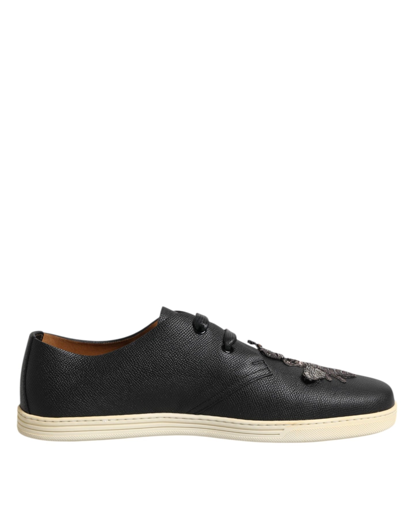Dolce & Gabbana Black Leather Bee Crown Low Top Sneakers Shoes Curated Luxury Accessories by Orvyn