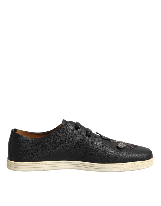 Dolce & Gabbana Black Leather Bee Crown Low Top Sneakers Shoes Curated Luxury Accessories by Orvyn