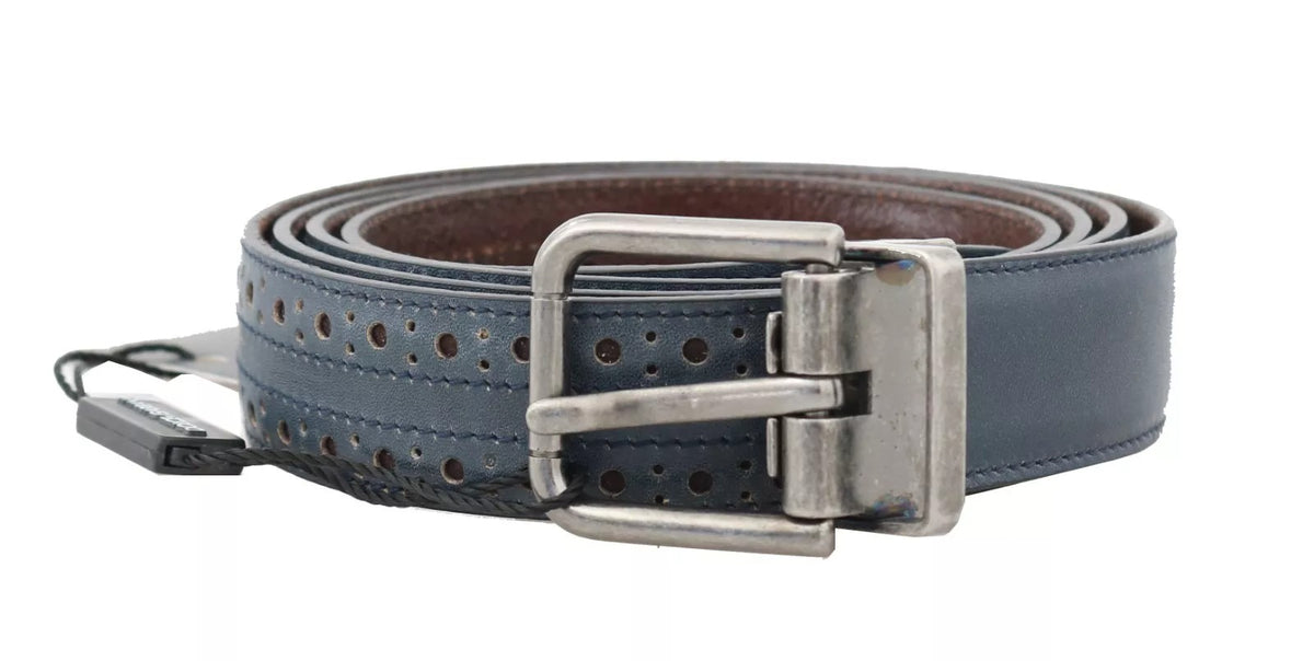 Dolce & Gabbana Blue Perforated Leather Gray Buckle Belt grau