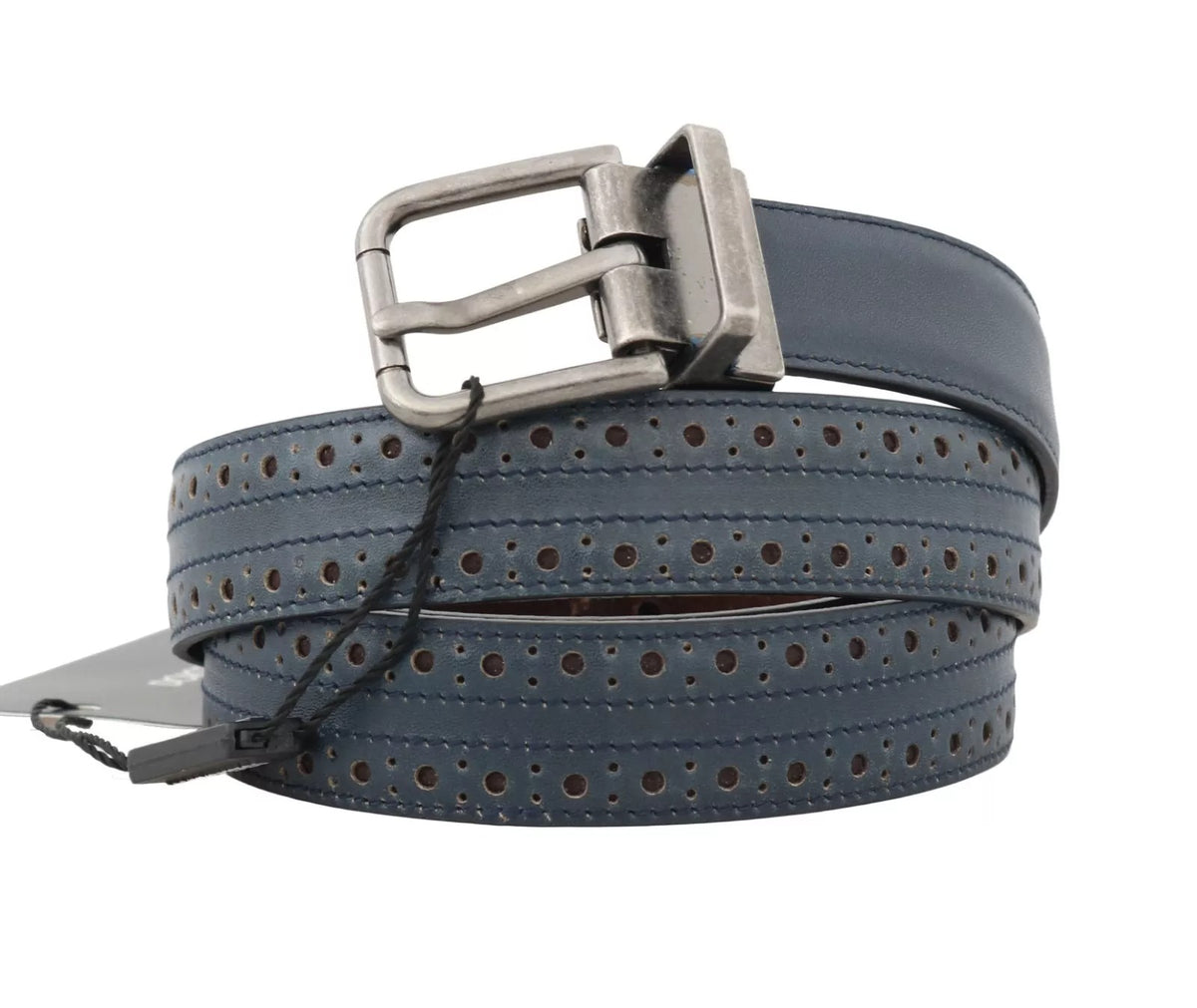 Dolce & Gabbana Blue Perforated Leather Gray Buckle Belt grau