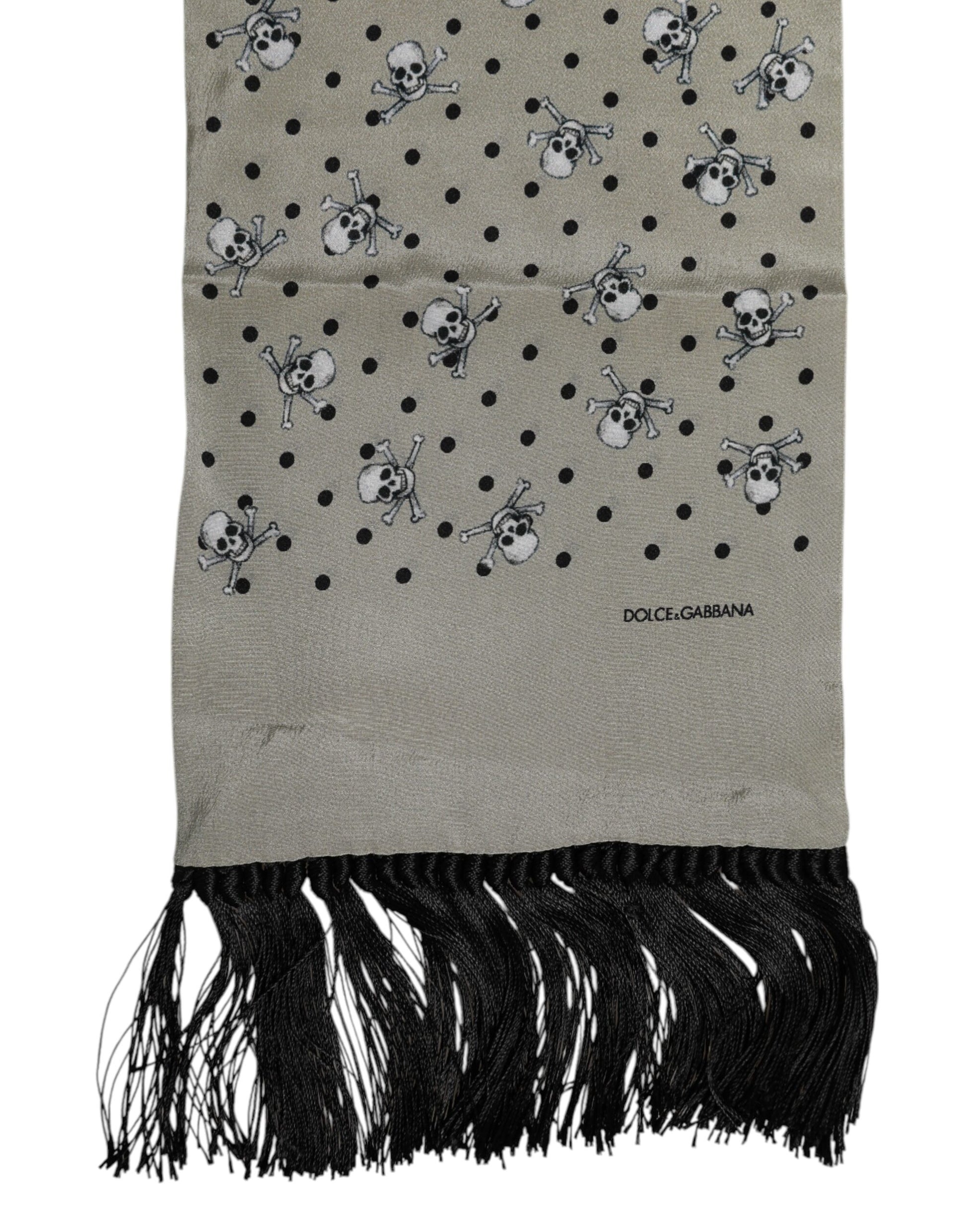Dolce & Gabbana Gray Skulls Silk Fringes Men Foulard Scarf Curated Luxury Accessories by Orvyn
