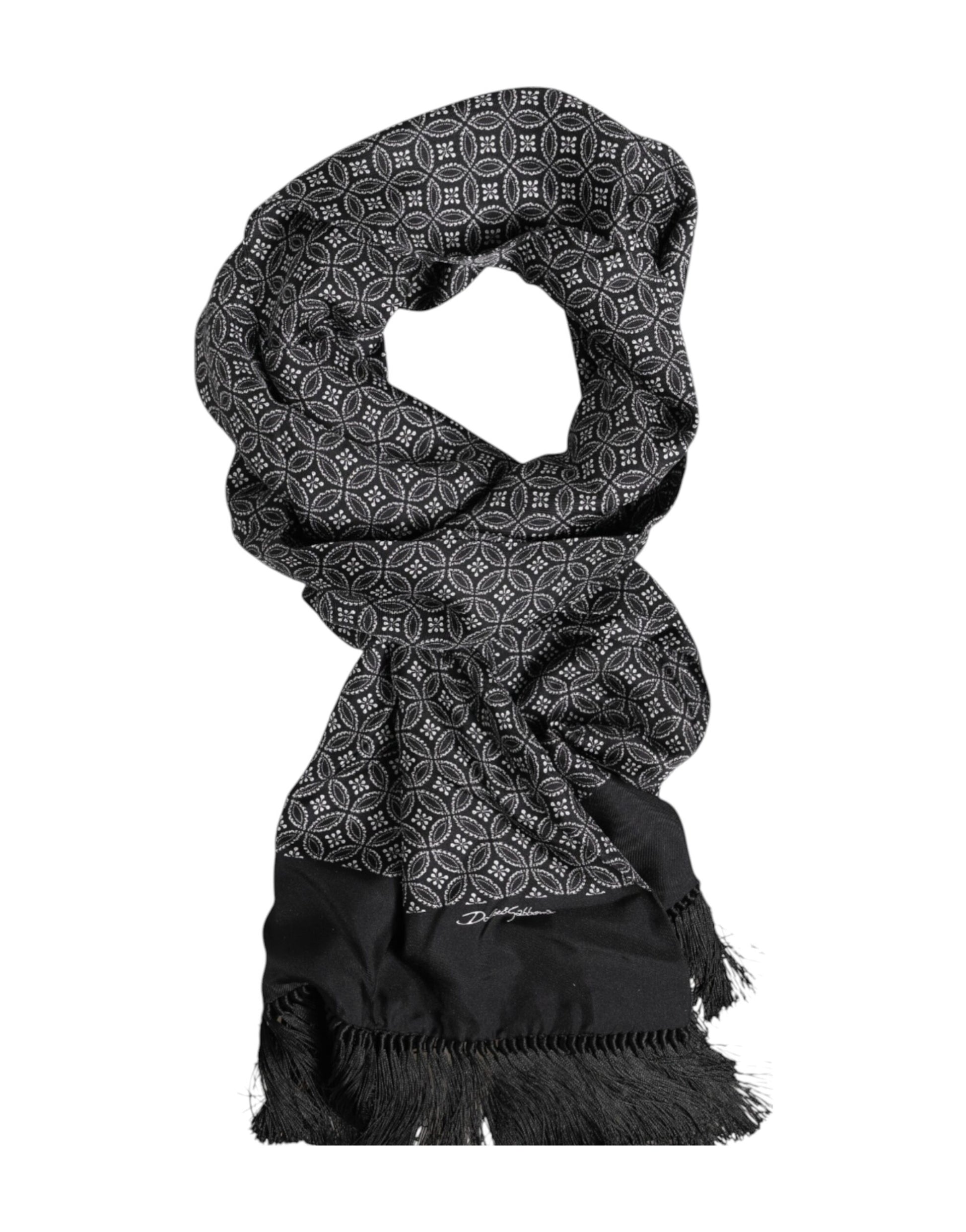 Dolce & Gabbana Black Patterned Fringes Men Foulard Scarf Curated Luxury Accessories by Orvyn
