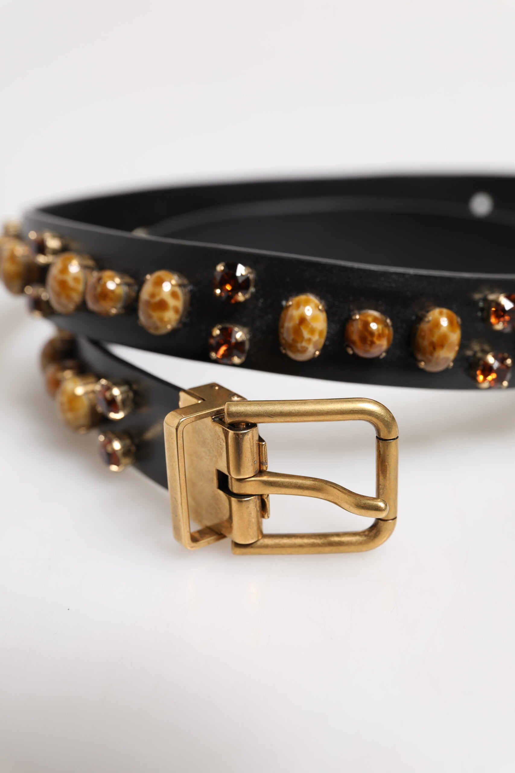 Dolce & Gabbana Black Leather Studded Gold Tone Buckle Belt Curated Luxury Accessories by Orvyn