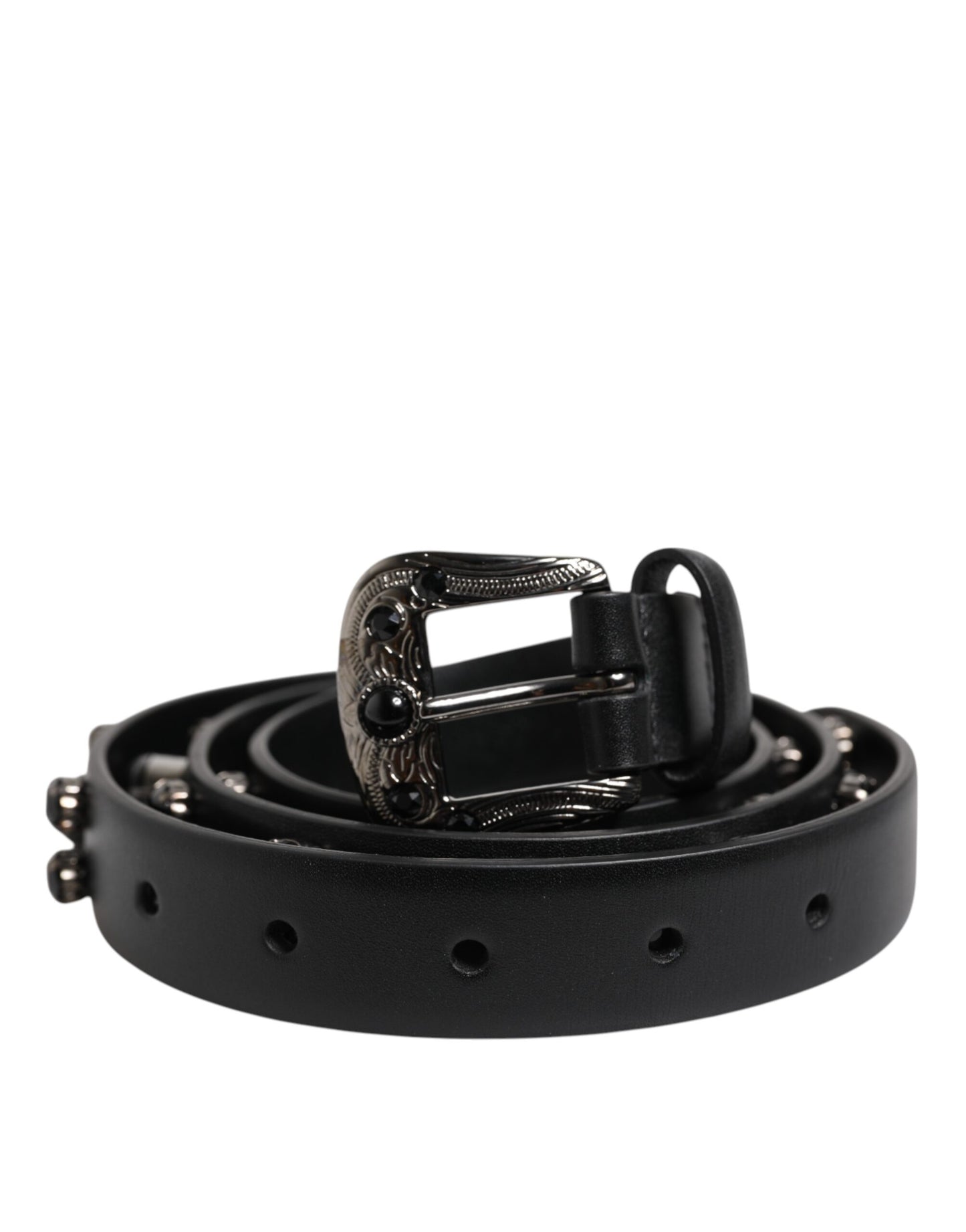 Dolce & Gabbana Black Studded Leather Metal Logo Buckle Belt Curated Luxury Accessories by Orvyn