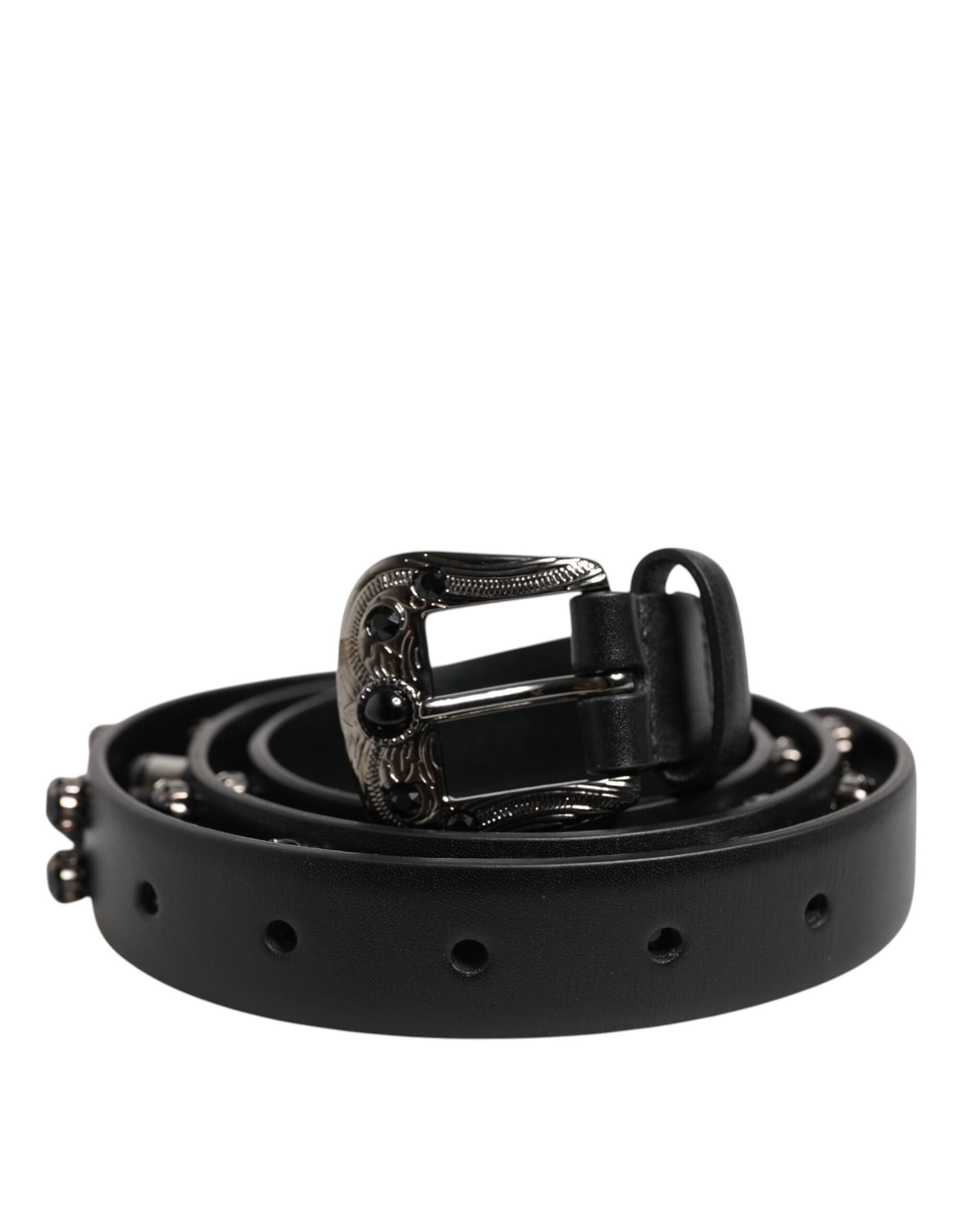 Dolce & Gabbana Black Studded Leather Metal Logo Buckle Belt Curated Luxury Accessories by Orvyn
