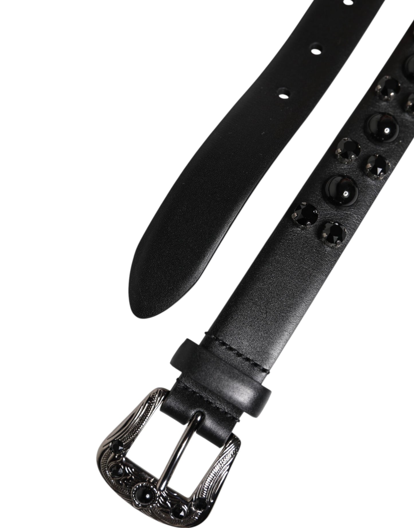 Dolce & Gabbana Black Studded Leather Metal Logo Buckle Belt Curated Luxury Accessories by Orvyn