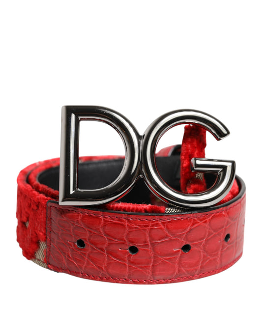 Dolce & Gabbana Red Viscose Silver DG Logo Metal Buckle Belt Curated Luxury Accessories by Orvyn