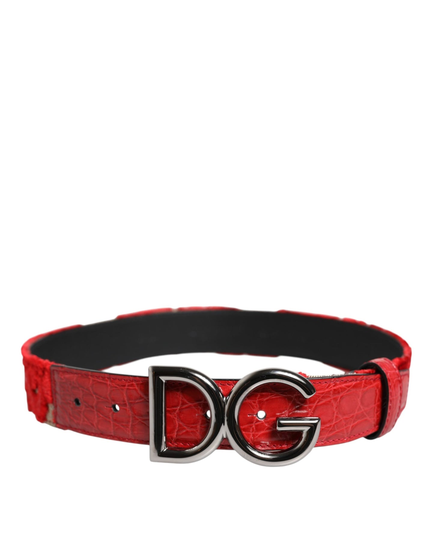 Dolce & Gabbana Red Viscose Silver DG Logo Metal Buckle Belt Curated Luxury Accessories by Orvyn